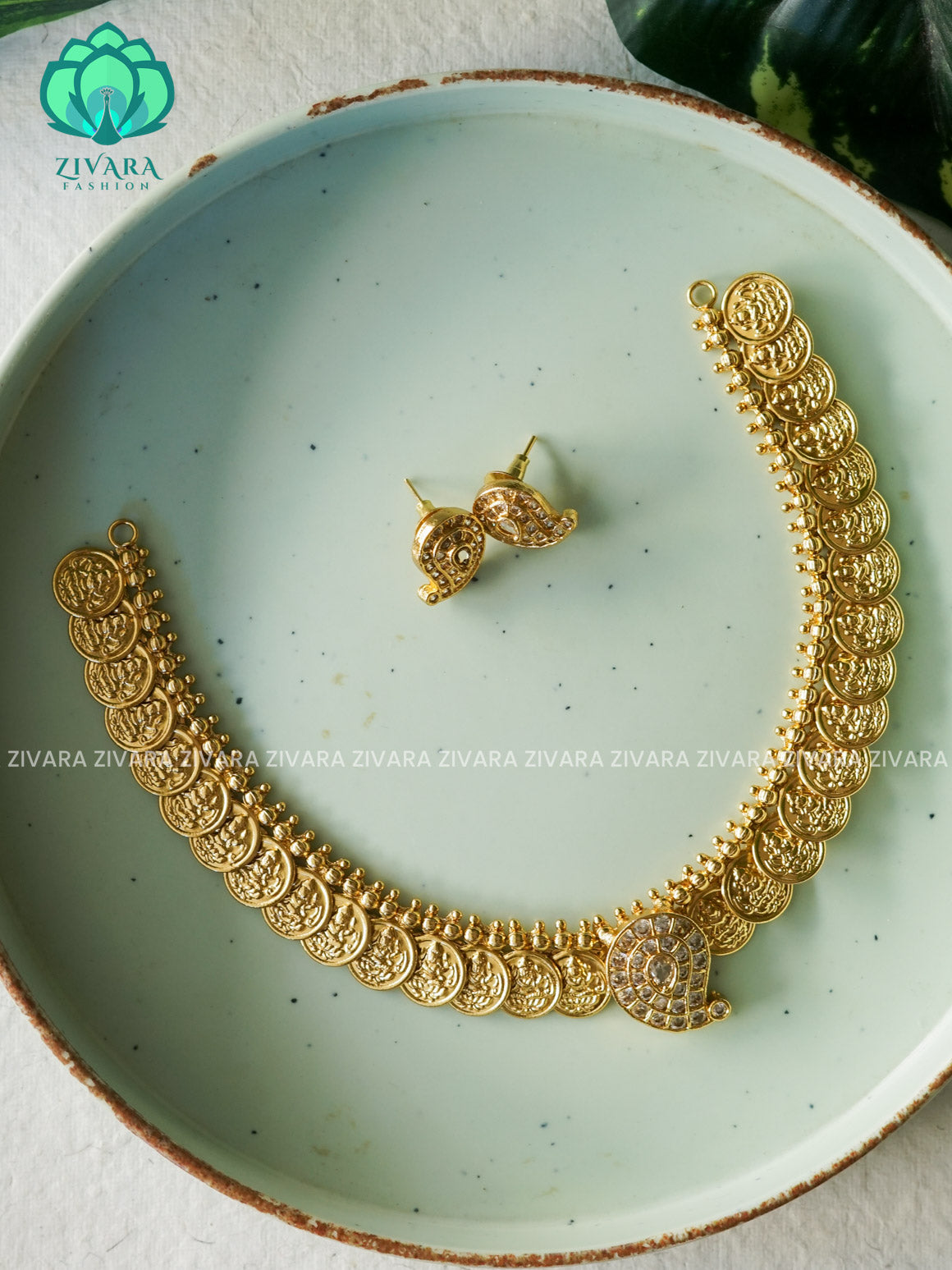 WHITE Mango pendant coin  - Traditional south indian premium neckwear with earrings- Zivara Fashion- latest jewellery design