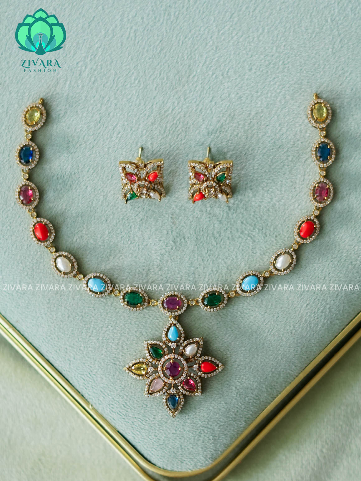 BIG FLOWER NAVARATNA  - stylish and minimal elegant neckwear with earrings- Zivara Fashion