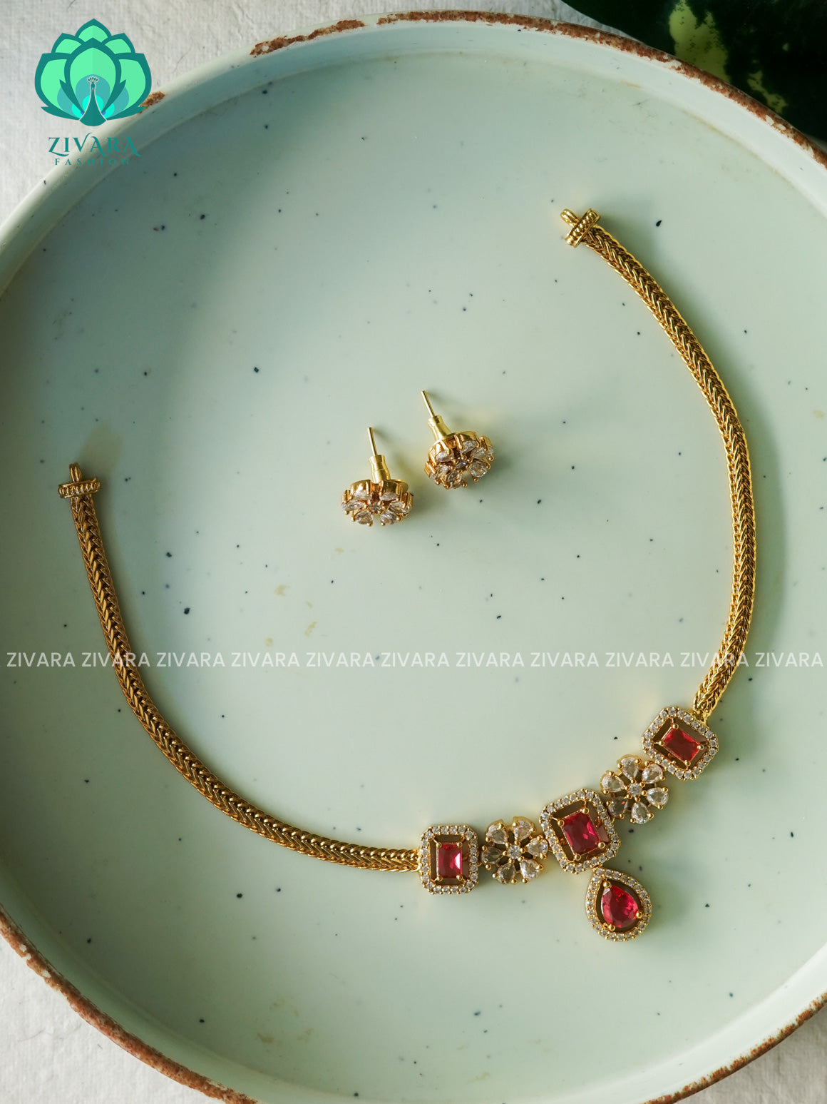 RUBY  -  SMALL PENDANT Flexible chain and STONE  pendant -Traditional south indian premium neckwear with earrings- Zivara Fashion- latest jewellery design