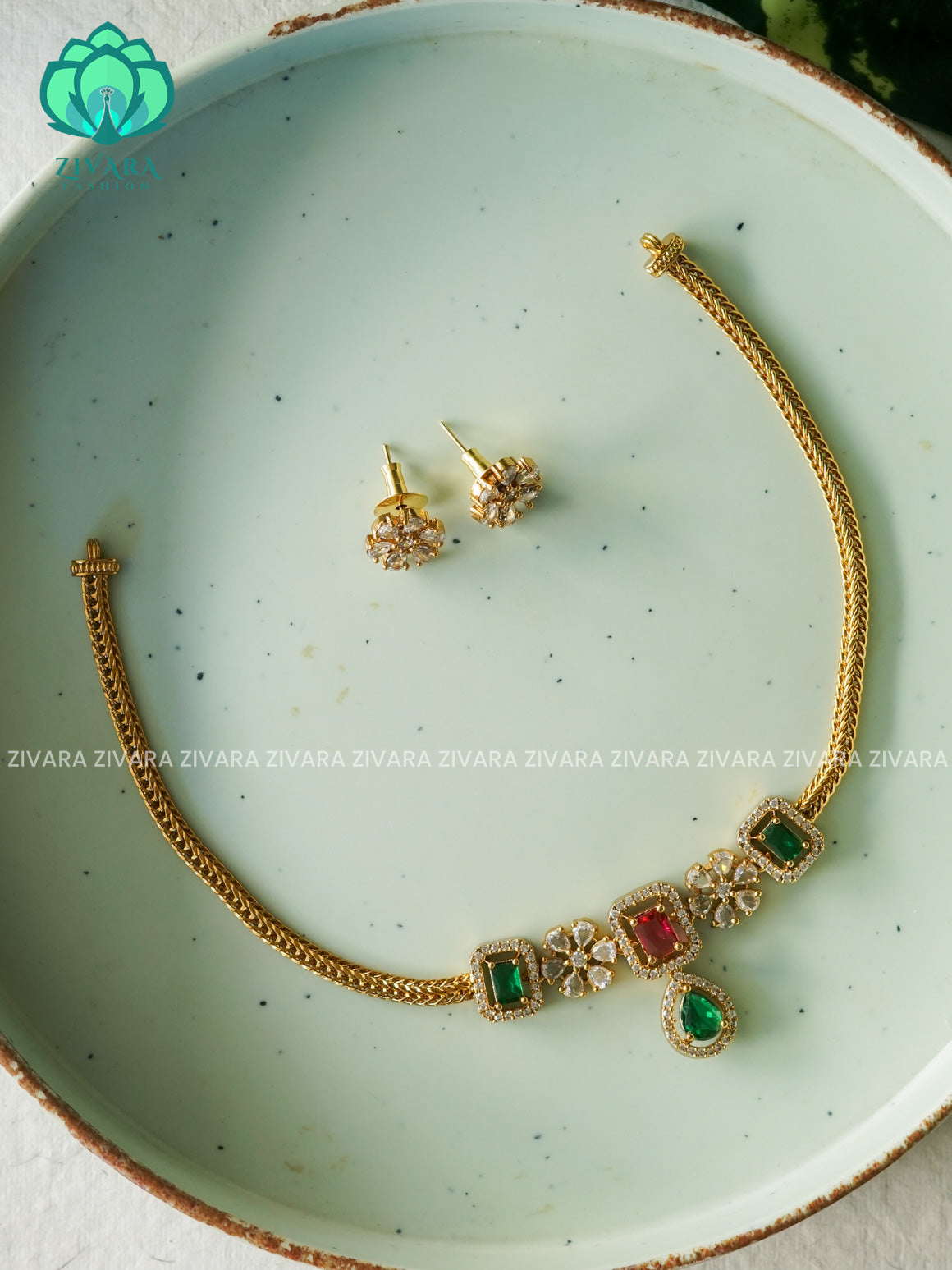 Red and green-  SMALL PENDANT Flexible chain and STONE  pendant -Traditional south indian premium neckwear with earrings- Zivara Fashion- latest jewellery design