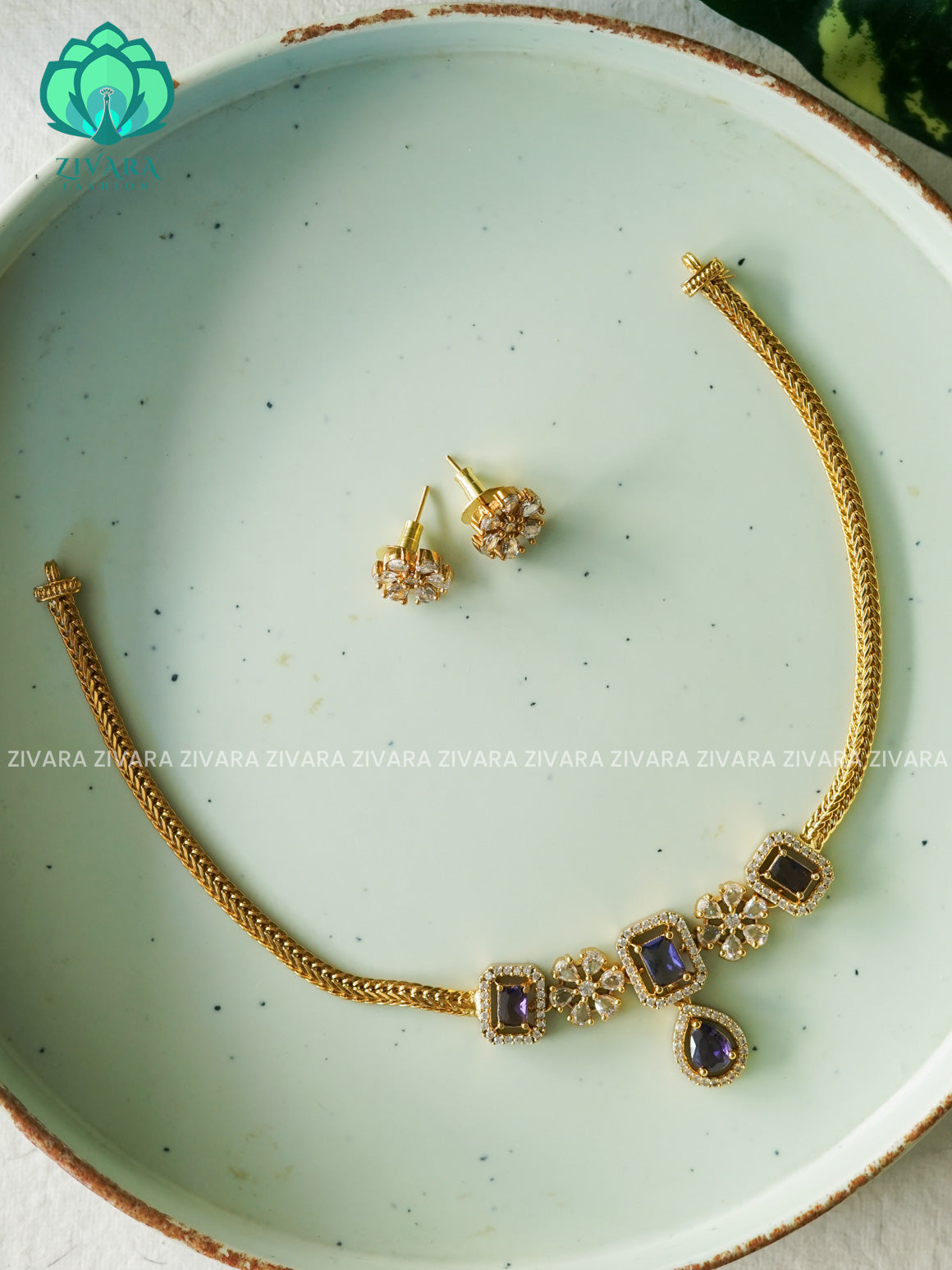 PURPLE -  SMALL PENDANT Flexible chain and STONE  pendant -Traditional south indian premium neckwear with earrings- Zivara Fashion- latest jewellery design