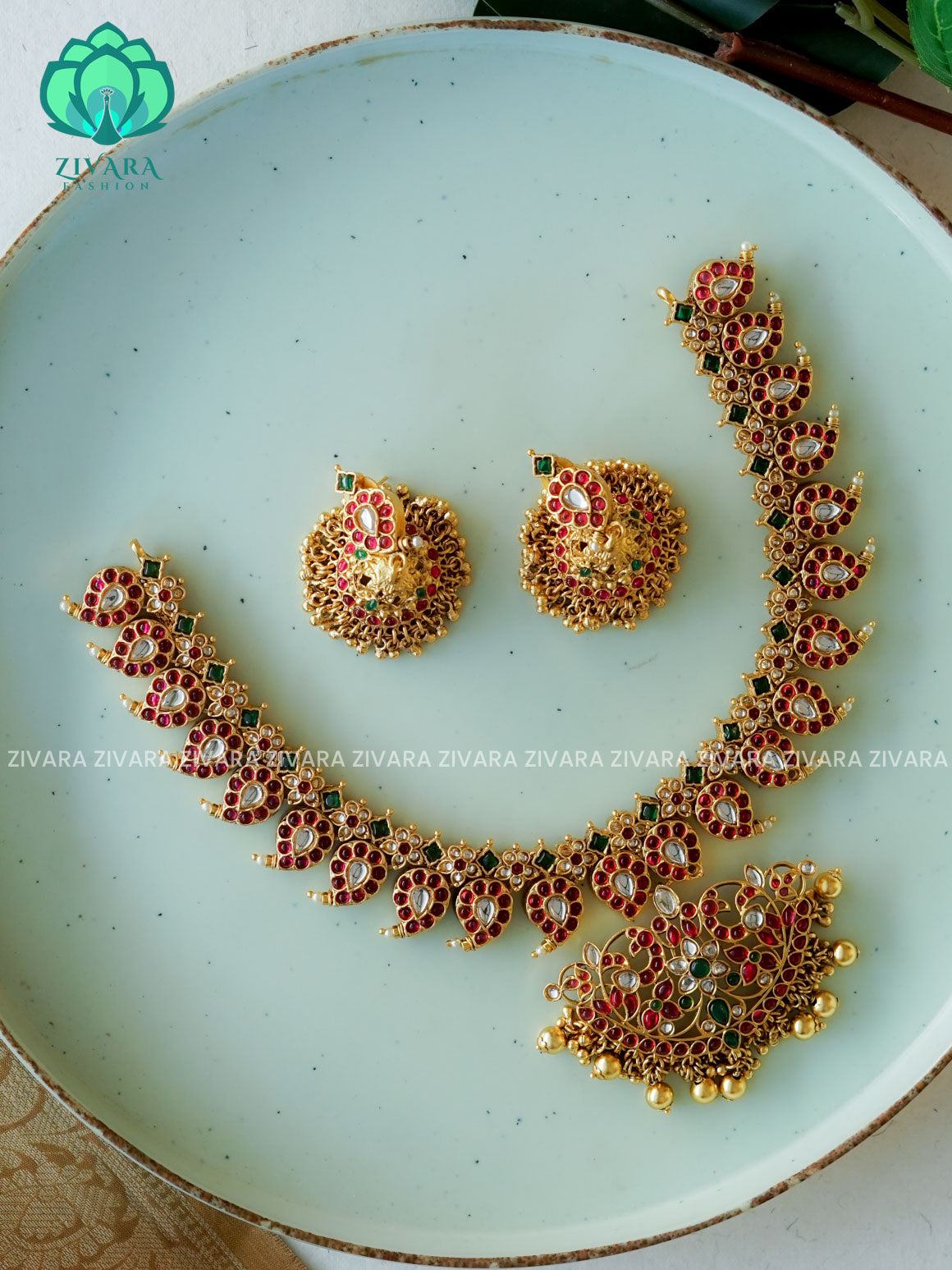 GRAND BRIDAL VINTAGE FINISH  handpainted - Traditional south indian premium neckwear with earrings- Zivara Fashion- latest jewellery design