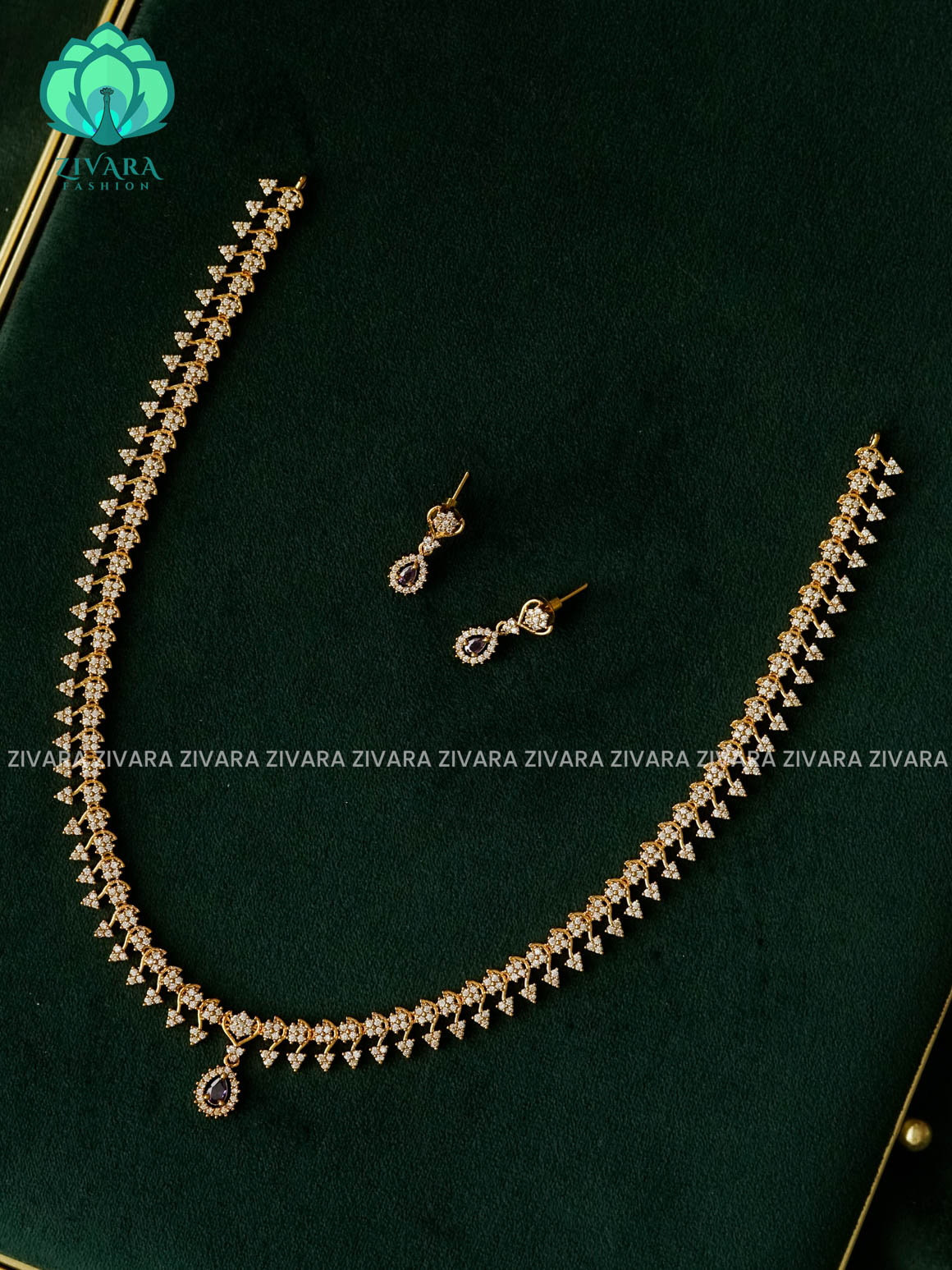 PURPLE AND WHITE STONE LEAF TEAR  ELEGANT - Traditional PREMIUM MIDCHEST haaram with earrings- Zivara Fashion
