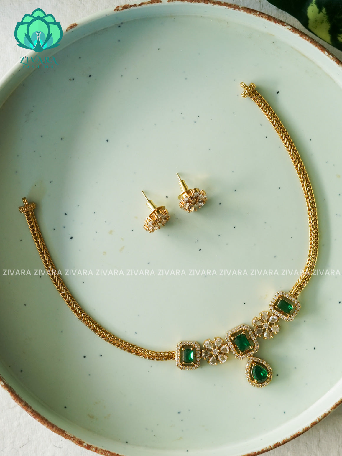 GREEN -  SMALL PENDANT Flexible chain and STONE  pendant -Traditional south indian premium neckwear with earrings- Zivara Fashion- latest jewellery design