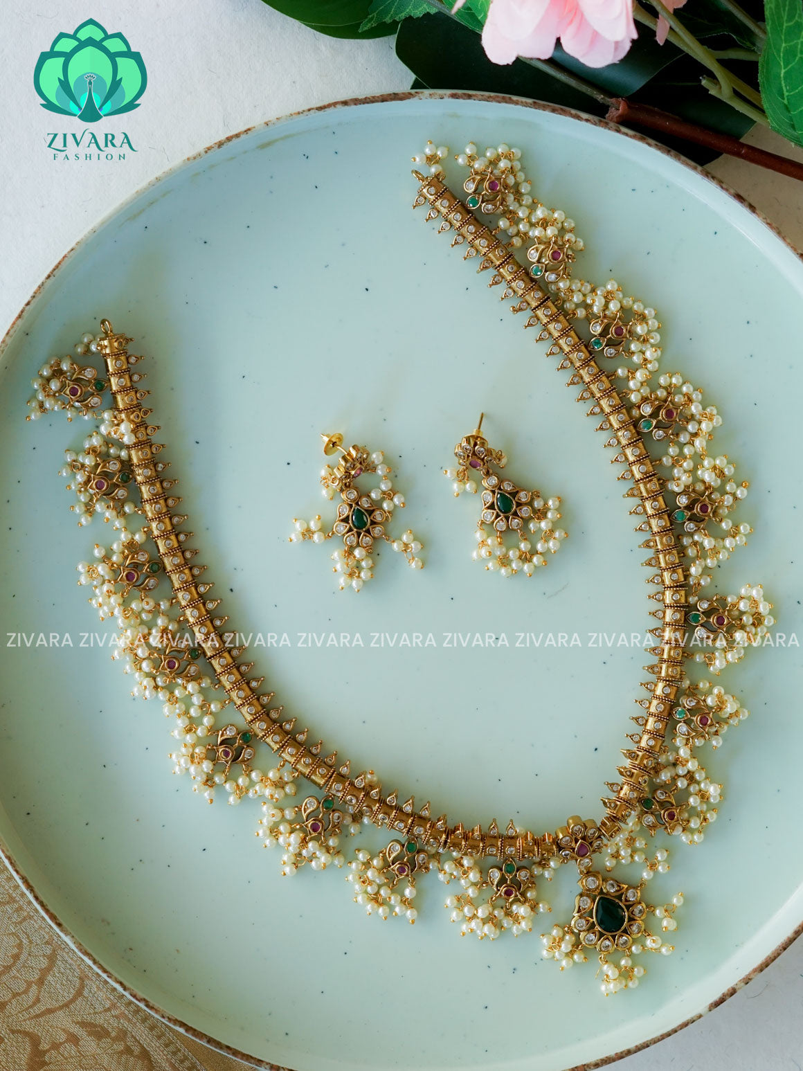 GUTTAPUSALU - Traditional PREMIUM MATTE polish MIDCHEST haaram/neckwear with earrings- Zivara Fashion
