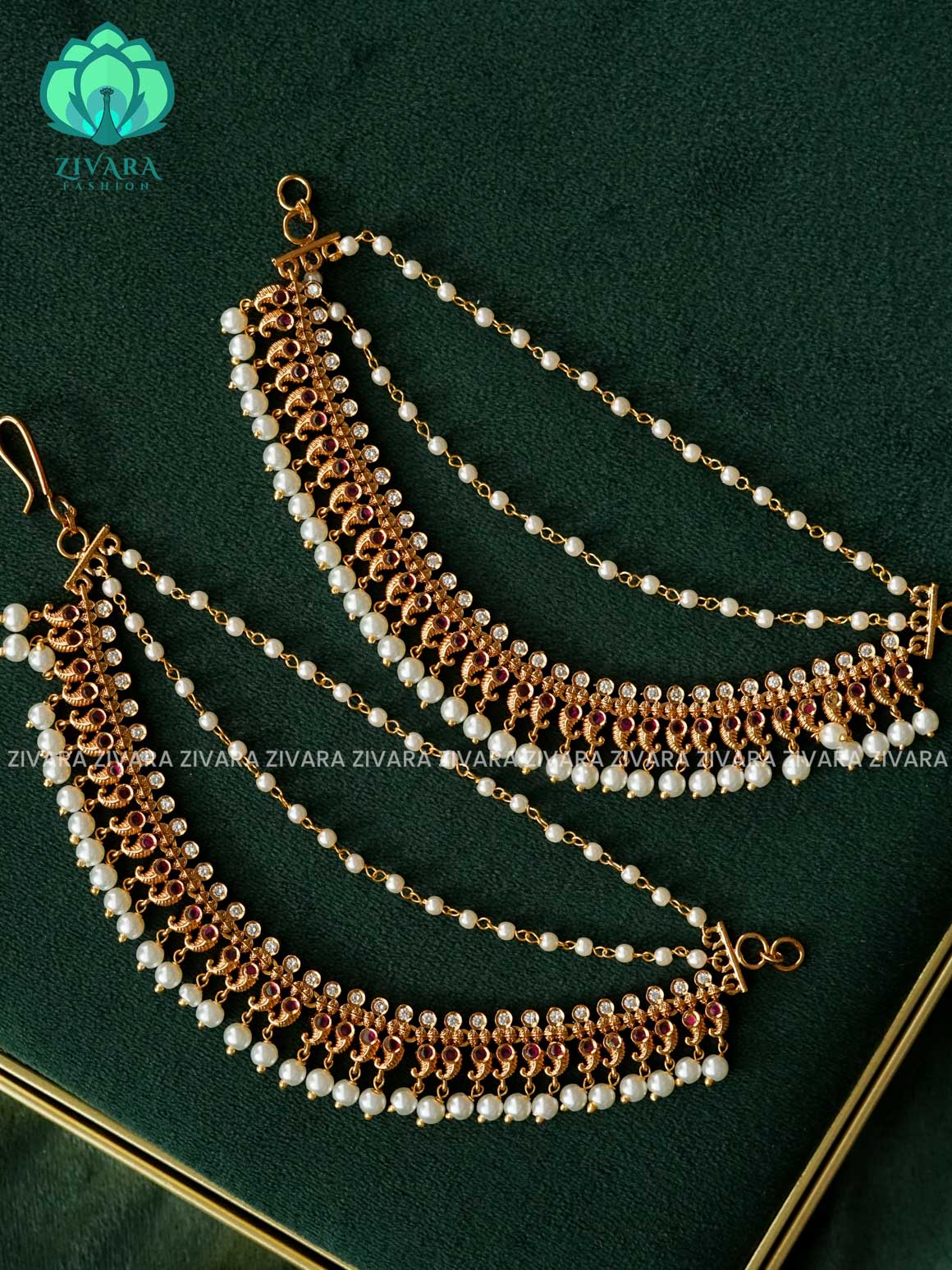 3 layer  GOLD FINISH RUBY STONE earchains/maatals- bridal accessory- zivara fashion-latest jewellery collection