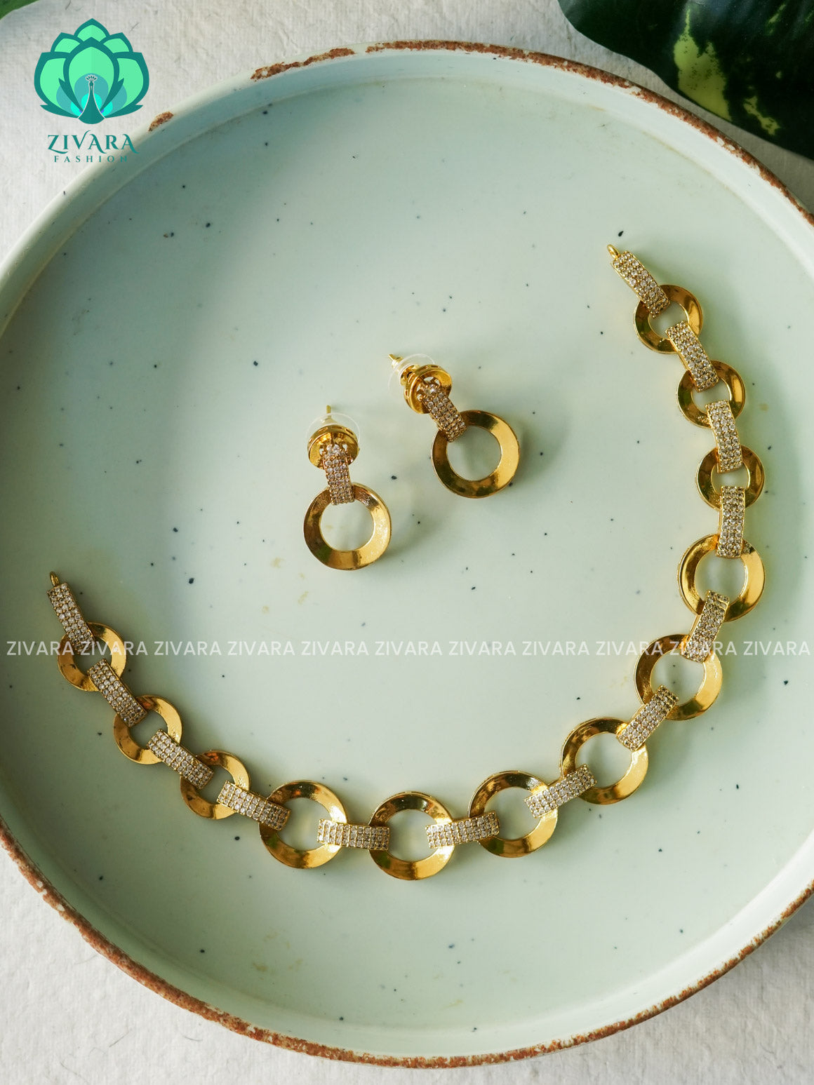 White stone circle  - stylish and minimal elegant kids friendly neckwear with earrings- Zivara Fashion