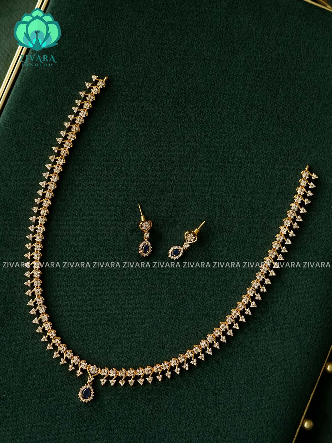 BLUE AND WHITE STONE LEAF TEAR  ELEGANT - Traditional PREMIUM MIDCHEST haaram with earrings- Zivara Fashion