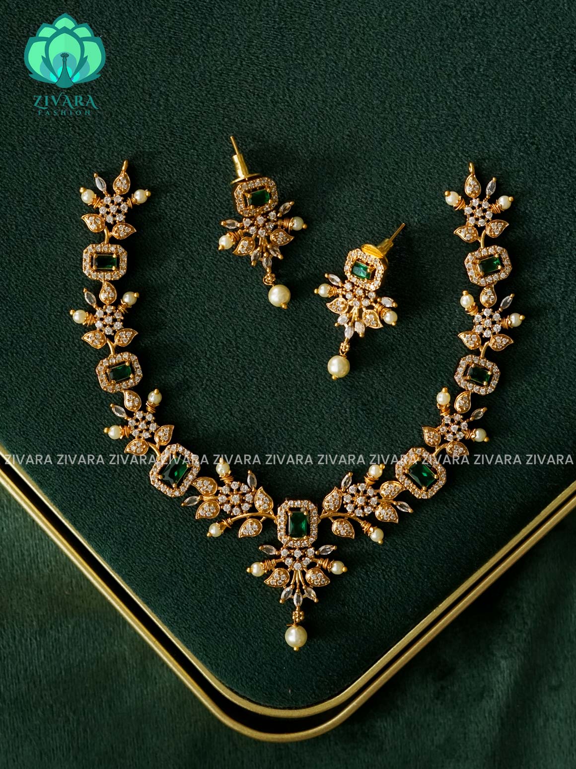 GREEN COLOUR ELEGANT  - Traditional PREMIUM neckwear with earrings- Zivara Fashion