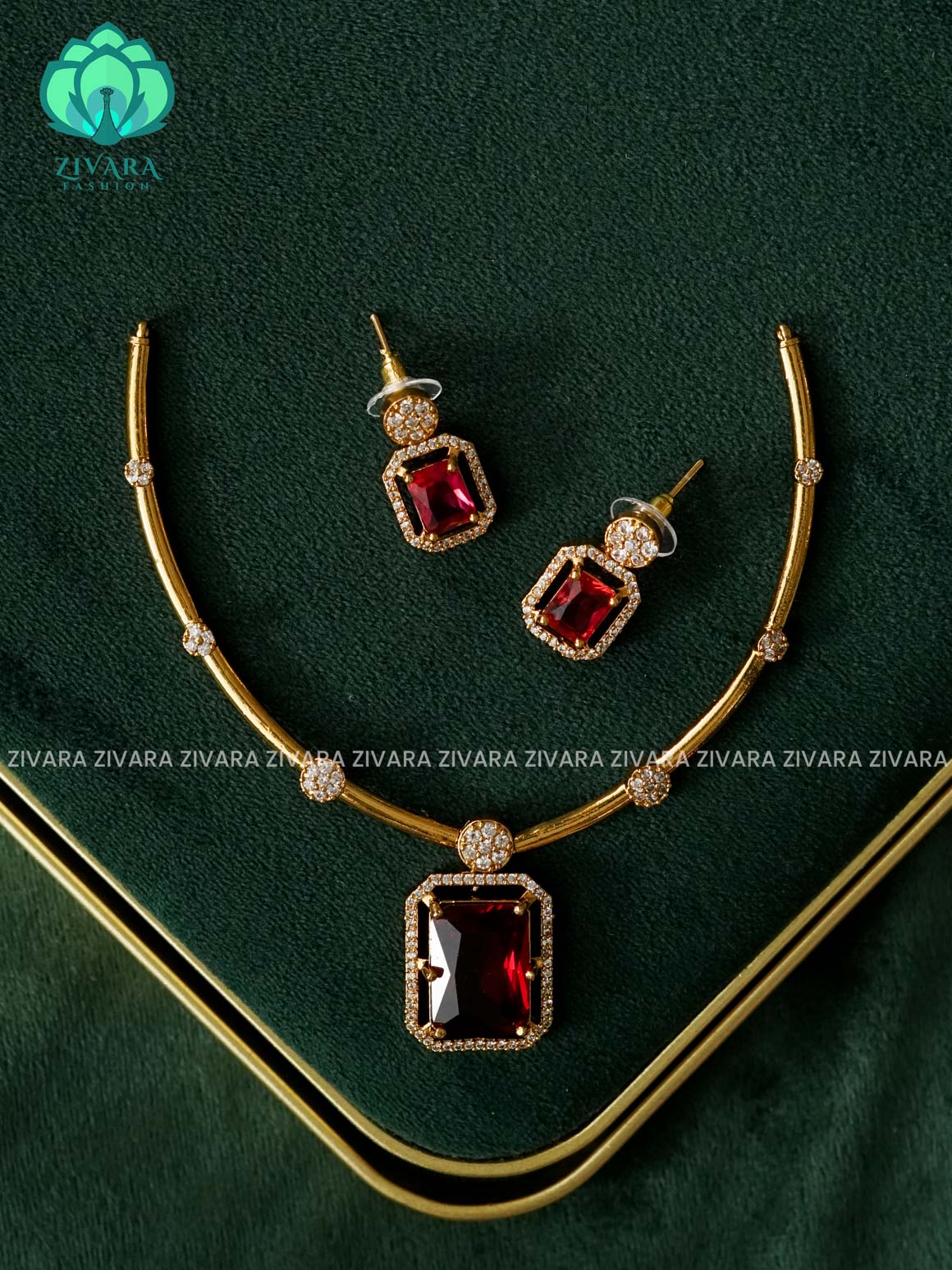 RED STONE - HASLI - stylish and minimal elegant neckwear with earrings- Zivara Fashion