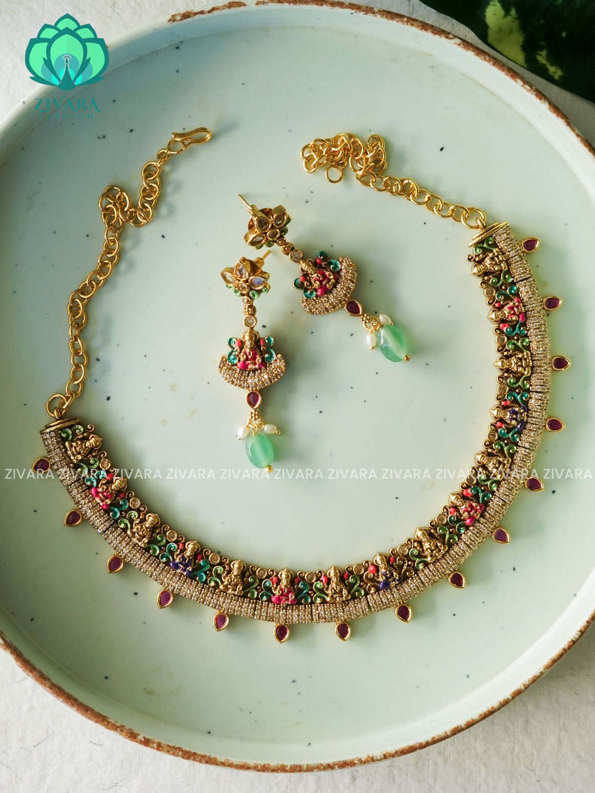 MADHURYA -  GRAND BRIDAL VINTAGE FINISH  handpainted - Traditional south indian premium neckwear with earrings- Zivara Fashion- latest jewellery design