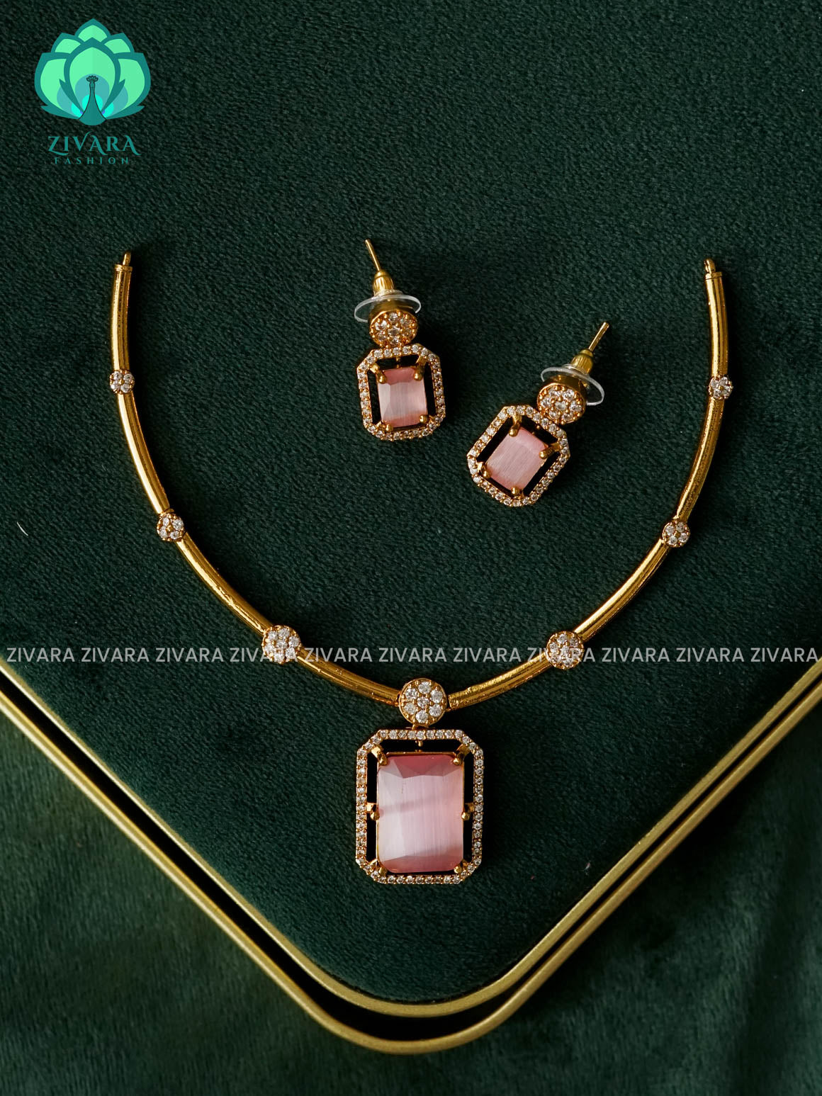 PASTEL PINK STONE - HASLI - stylish and minimal elegant neckwear with earrings- Zivara Fashion