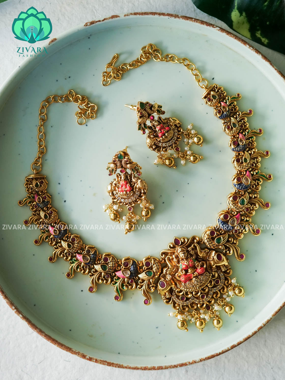 MADHURYA -  GRAND BRIDAL VINTAGE FINISH  handpainted - Traditional south indian premium neckwear with earrings- Zivara Fashion- latest jewellery design