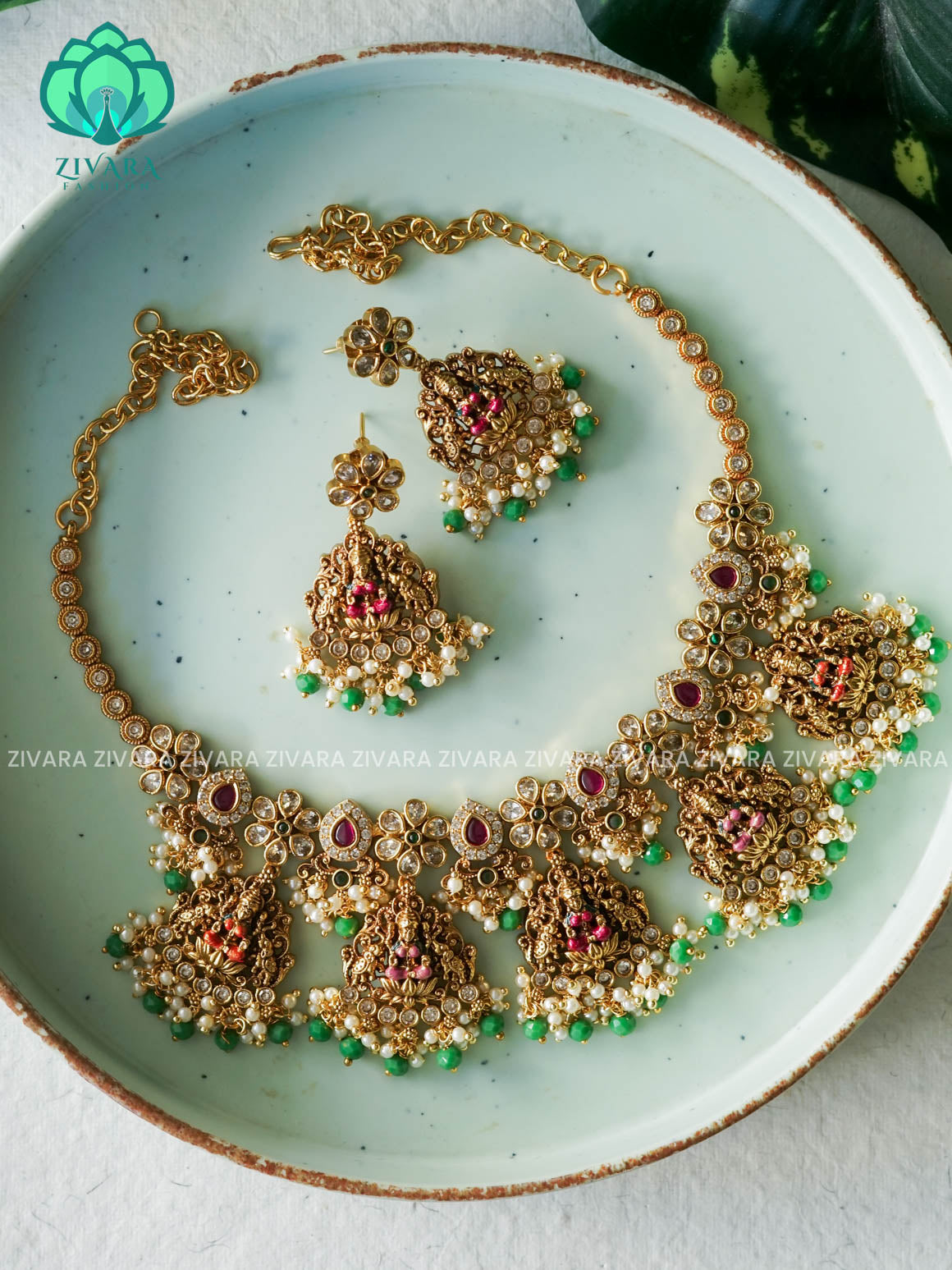 MADHURYA -  GRAND BRIDAL VINTAGE FINISH  handpainted - Traditional south indian premium neckwear with earrings- Zivara Fashion- latest jewellery design