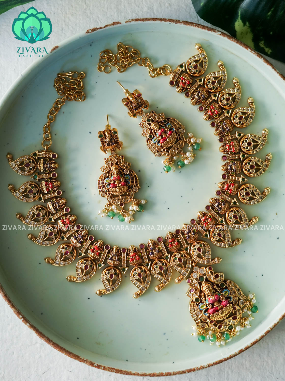MADHURYA -  GRAND BRIDAL VINTAGE FINISH  handpainted - Traditional south indian premium neckwear with earrings- Zivara Fashion- latest jewellery design