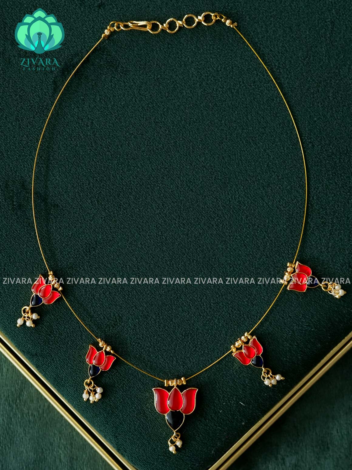 KAMALI - PINK AND BLUE LOTUS  TAMARA  INVISIBLE MINIMAL ELEGANT HANDMADE NECKLACE WITH BRILLIANT FINISH MOTIFS- ZIVARA FASHION