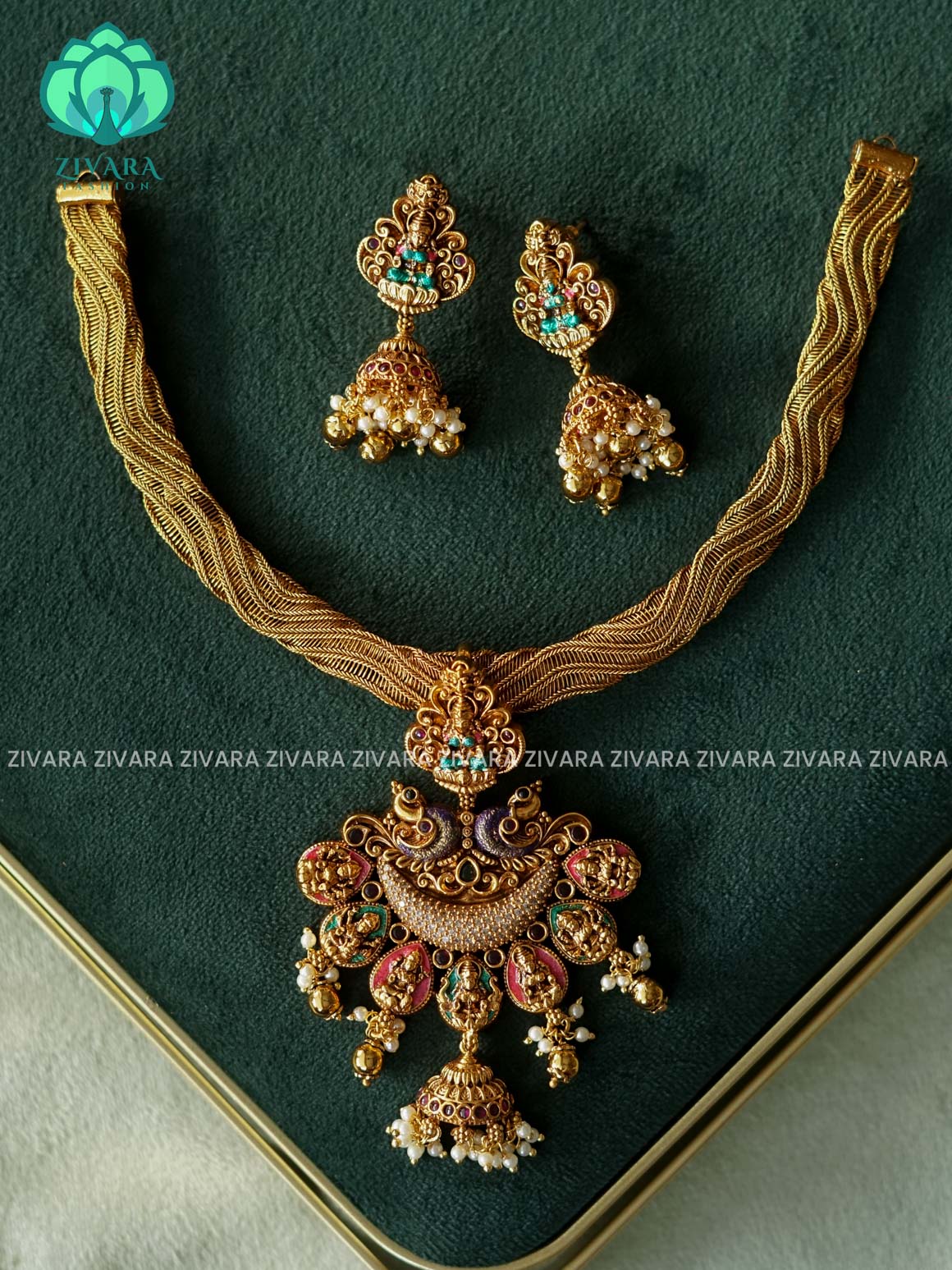 MADHURYA -  LAKSHMI HASLI VINTAGE FINISH  handpainted - Traditional south indian premium neckwear with earrings- Zivara Fashion- latest jewellery design