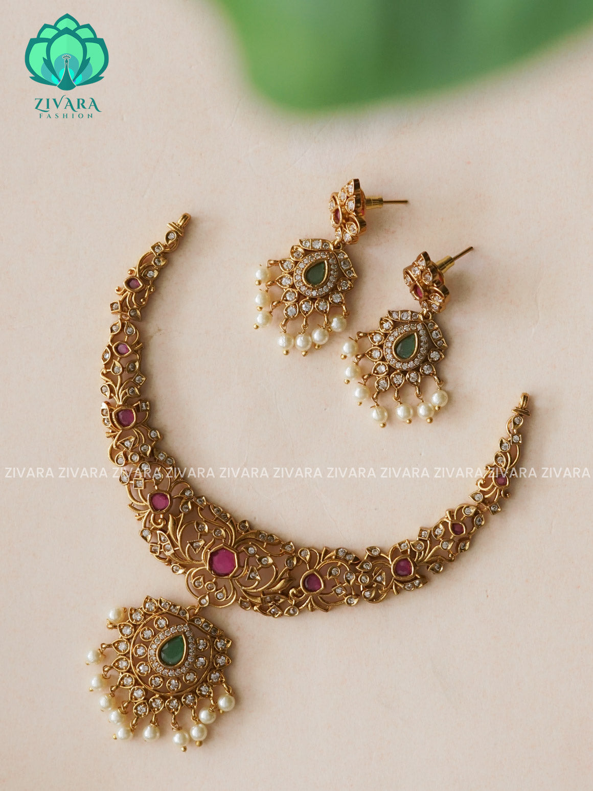 BRIDAL FLORAL PENDANT  -Traditional south indian premium neckwear with earrings- Zivara Fashion- latest jewellery design.