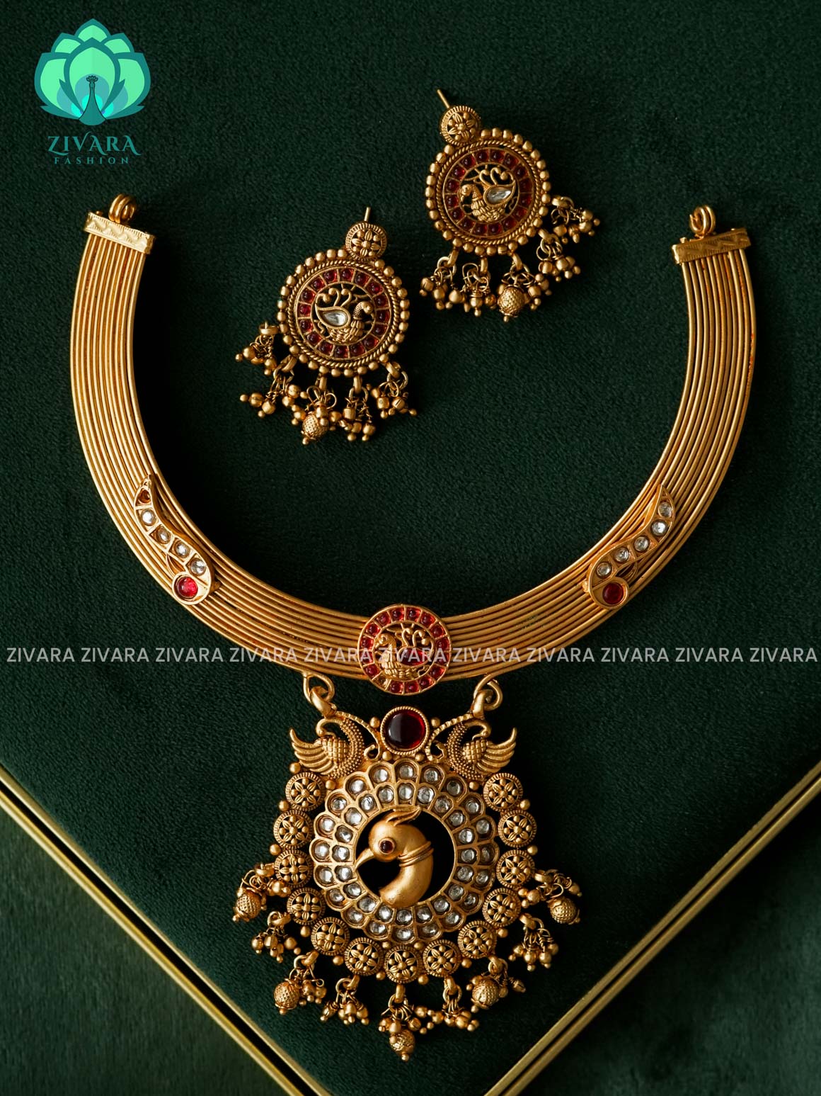 TEMPLE PEACOCK INTERCHANGEABLE PENDANT NORMAL MATTE neckwear with earrings- Zivara Fashion- latest jewellery design