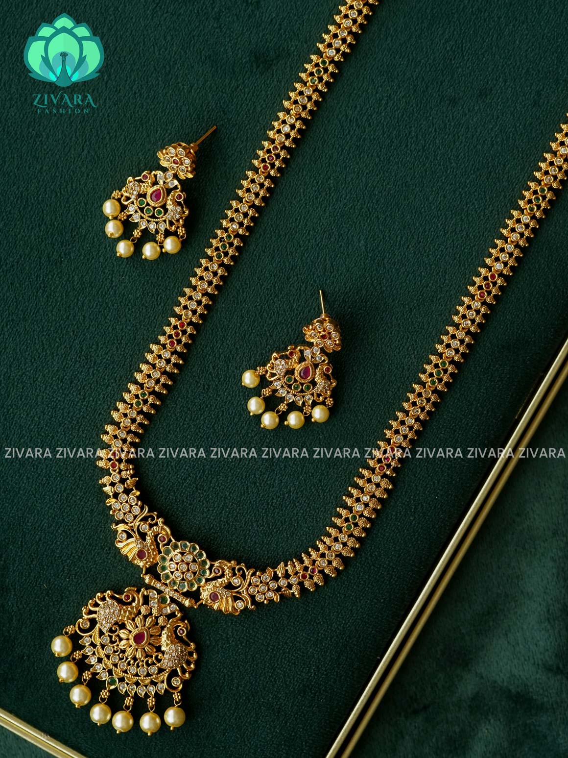 BRIDAL TEMPLE HAARAM - Traditional PREMIUM MATTE polish MIDCHEST haaram/neckwear with earrings- Zivara Fashion