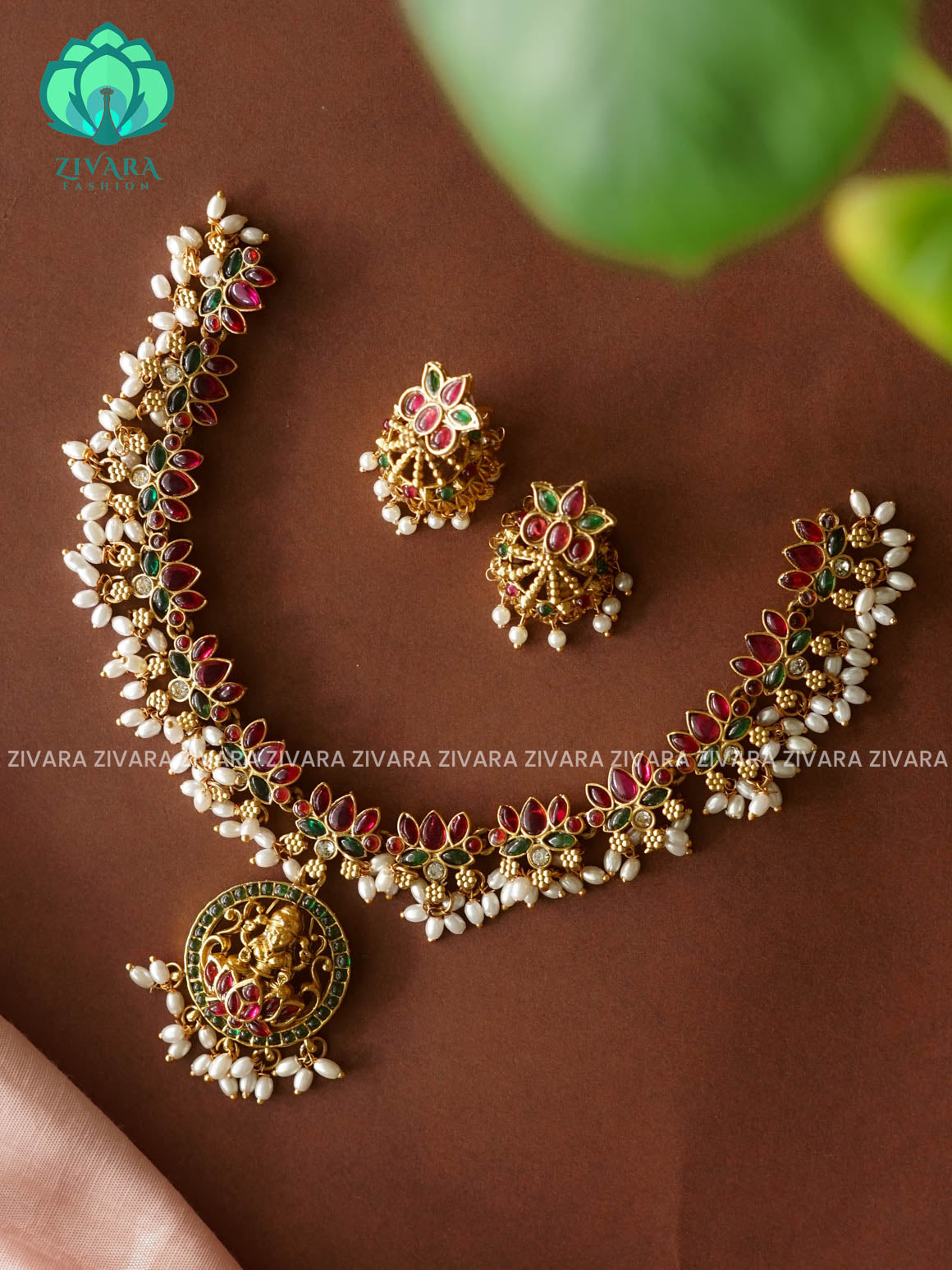 RUBY GREEN TEMPLE  - lotus Traditional south indian NORMAL MATTE neckwear with earrings- Zivara Fashion- latest jewellery desigN