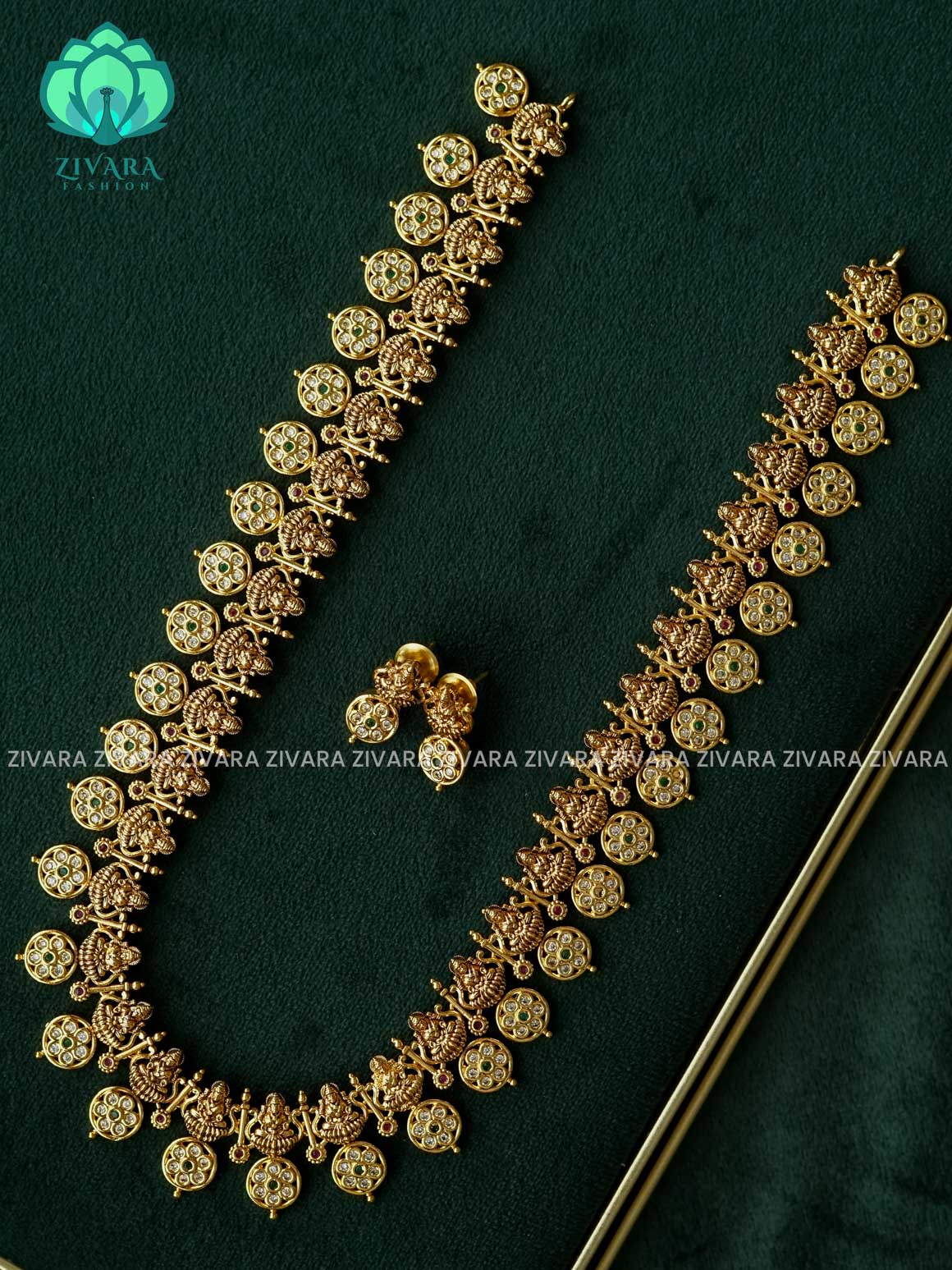 BRIDAL TEMPLE HAARAM - Traditional PREMIUM MATTE polish MIDCHEST haaram/neckwear with earrings- Zivara Fashion