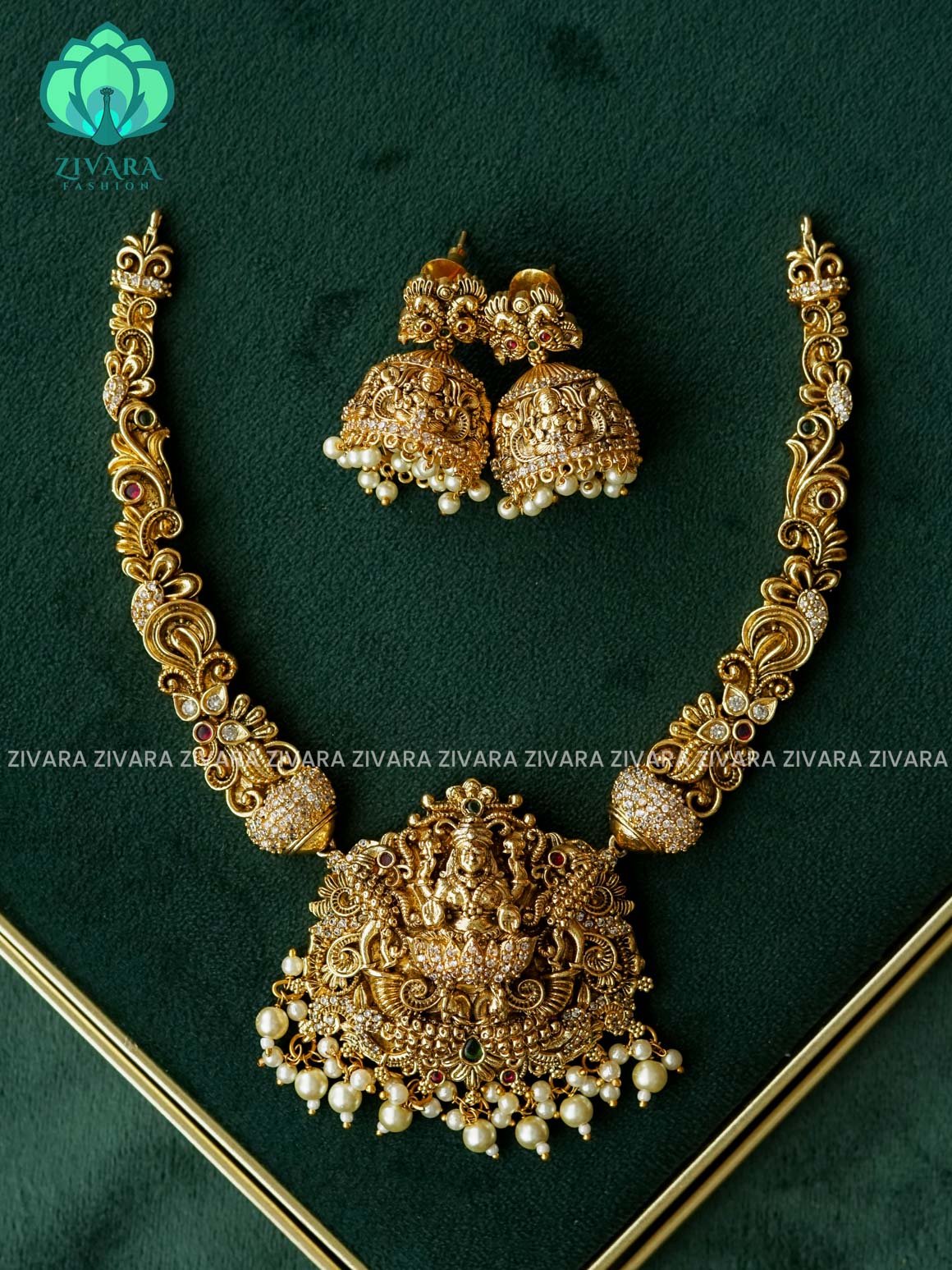 AKSHAYAM - TEMPLE BRIDAL HASLI with hangings  - Traditional neckwear with premium matte finish - Zivara Fashion