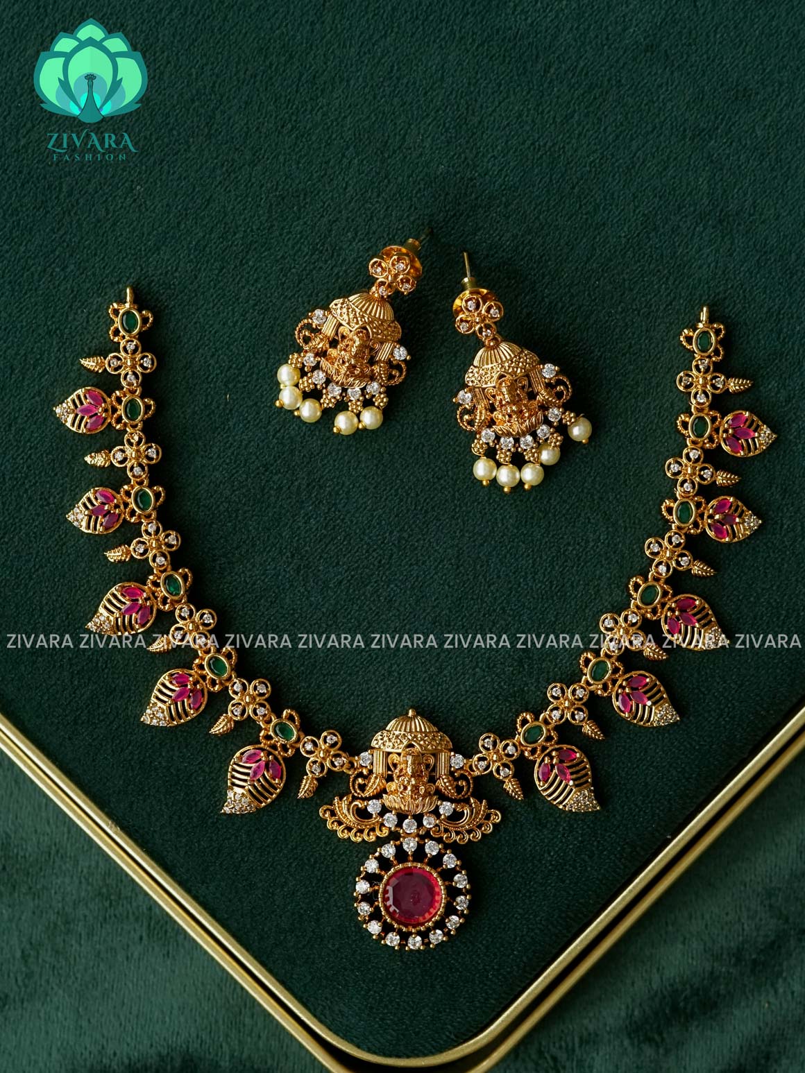 RUBY STONE TEMPLE FLOWER MOTIF NECKWEAR WITH HANGINGS - Traditional south indian premium neckwear - Zivara Fashion- latest jewellery design