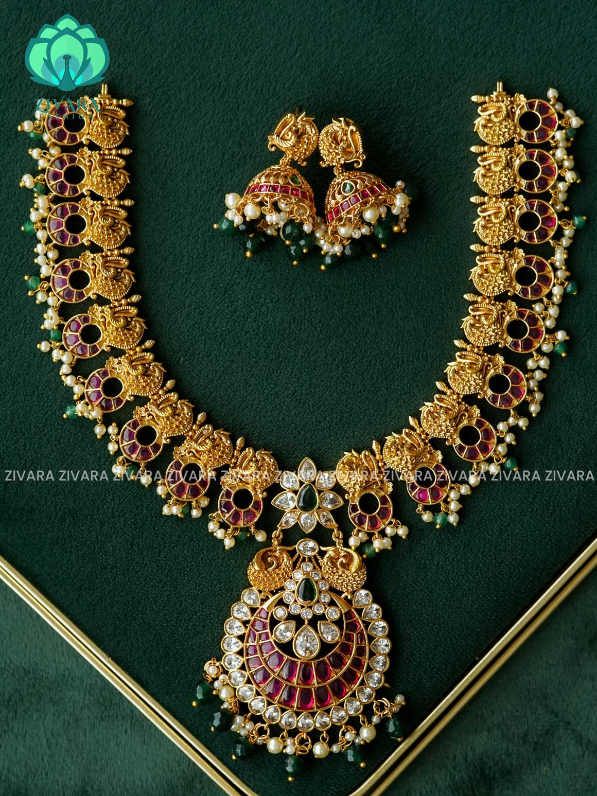 AKSHAYAM - PEACOCK BRIDAL NECKWEAR with hangings  - Traditional neckwear with premium matte finish - Zivara Fashion