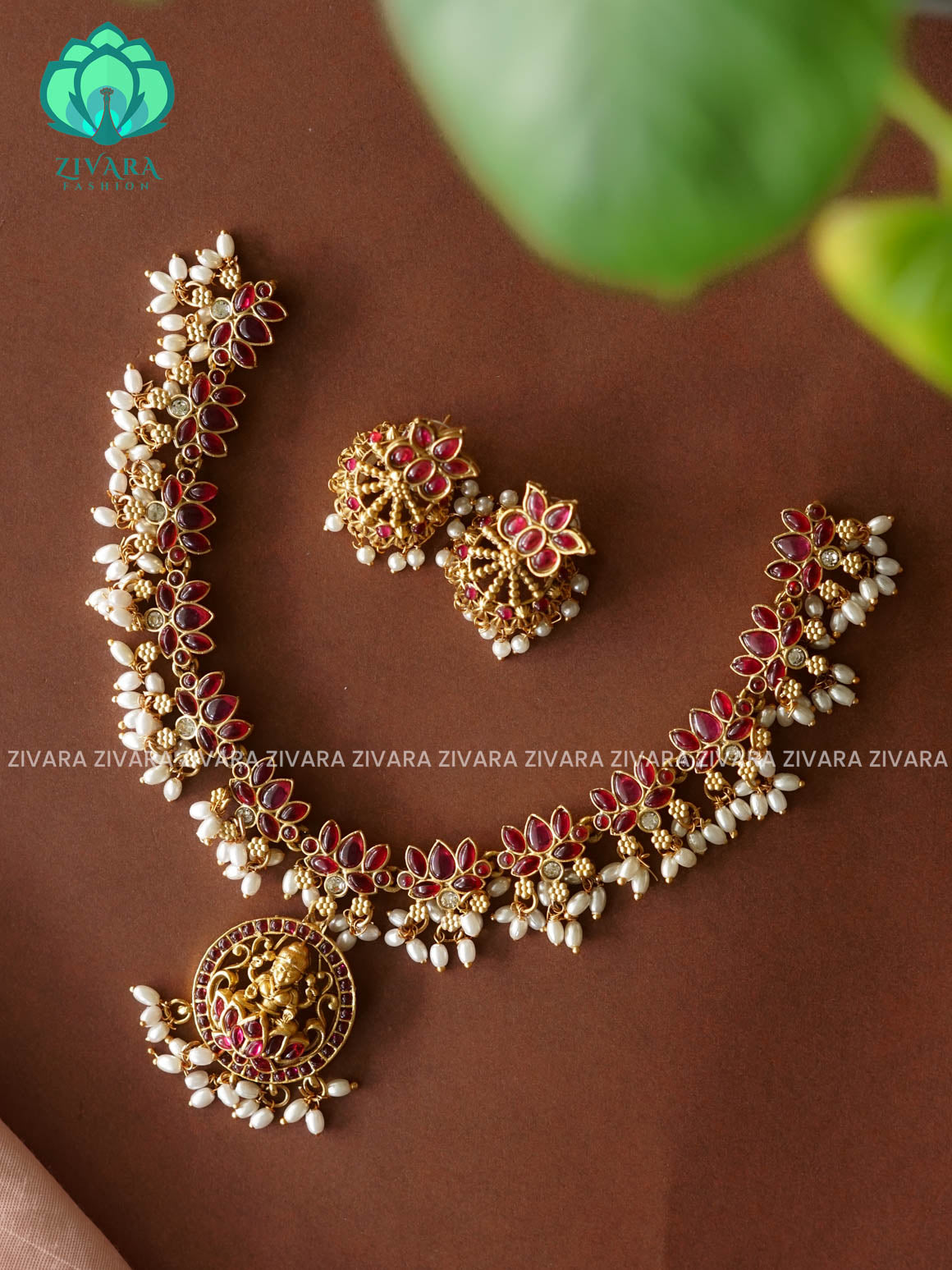RUBY TEMPLE  - lotus Traditional south indian NORMAL MATTE neckwear with earrings- Zivara Fashion- latest jewellery desigN