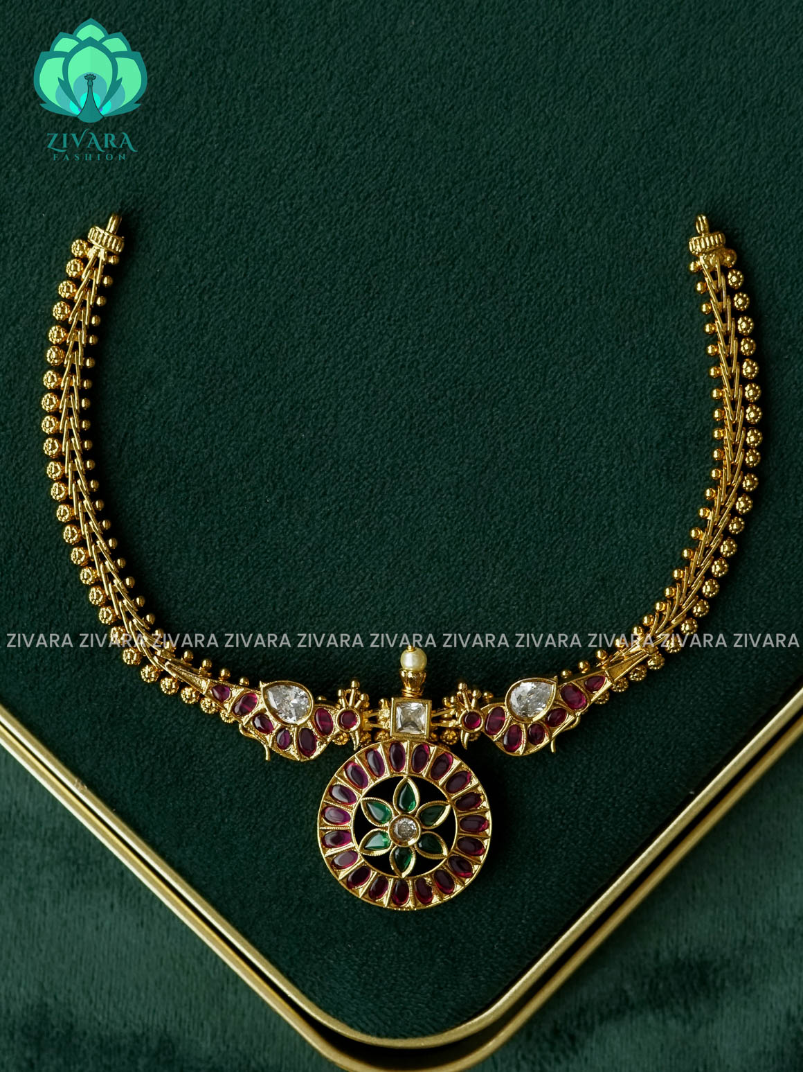 PAARROT WITH FLOWER BUTTA  PENDANT  -  FLEXIBLE CHAIN WITH HANGINGS -Traditional south indian premium neckwear - Zivara Fashion- latest jewellery design
