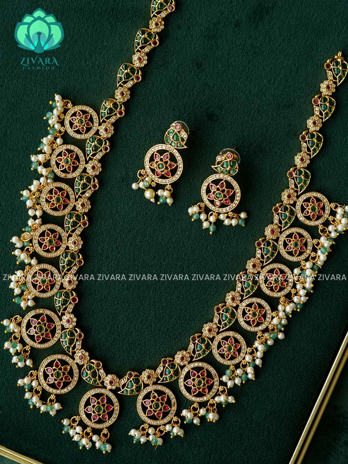 BRIDAL PARROT FLOWER BUTTA  GUTTAPUSALU WITH GREEN BEADS HANGINGS - Traditional PREMIUM MATTE polish MIDCHEST haaram/neckwear with earrings- Zivara Fashion