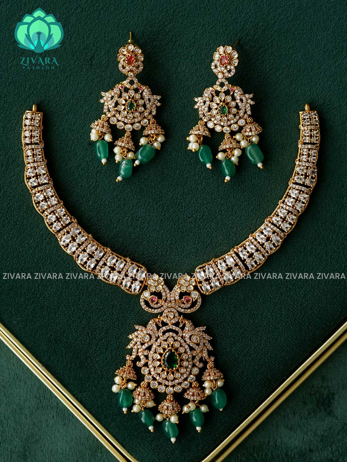 AKSHAYAM -  BRIDAL HASLI with green beads hangings with earrings - Zivara Fashion