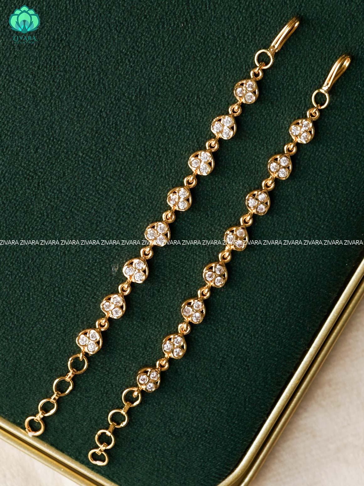 AMBIGAI - WHITE STONE MICROGOLD POLISH straight  earchain maatal- south indian kemp bridal accessory