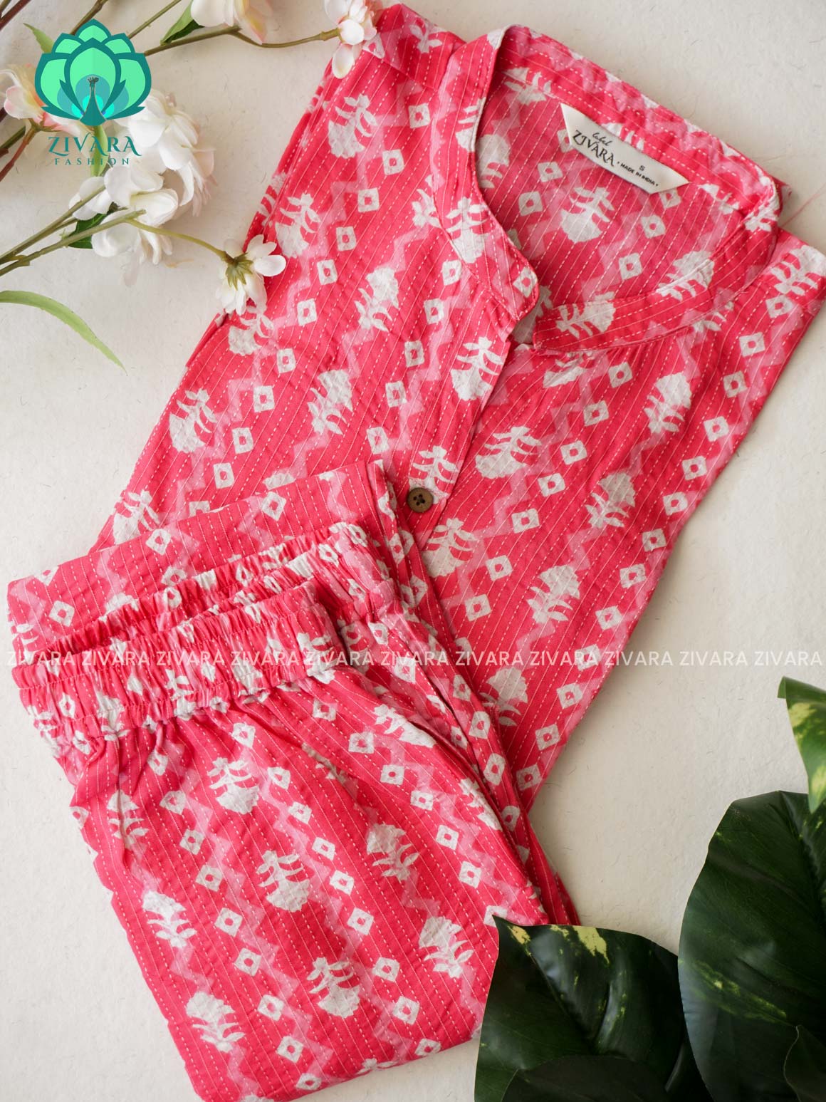 Mahi-PINK KANTHA  - Colourful cotton everyday wear and office wear coord sets for women- Label Zivara