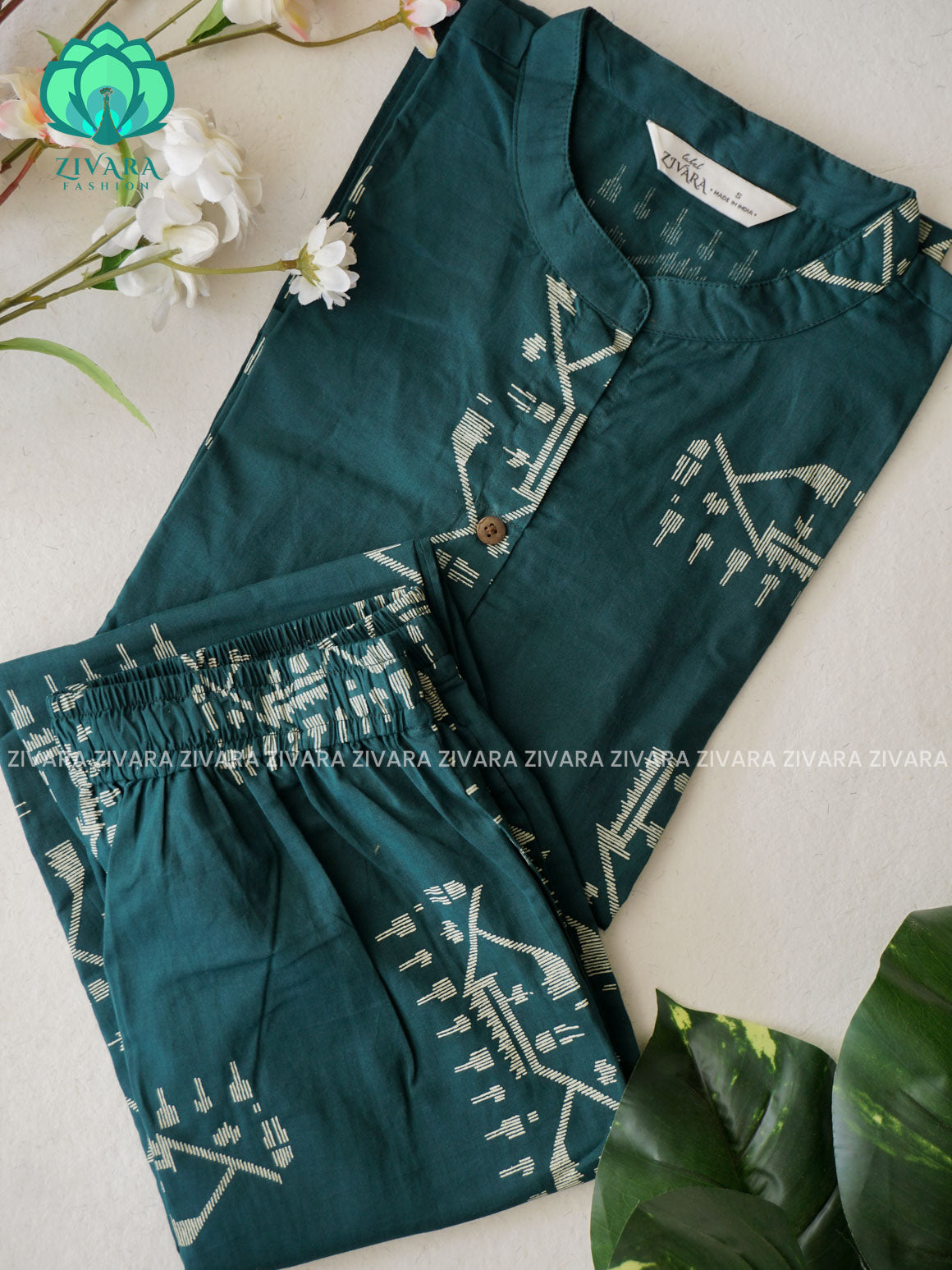Mahi- DARK GREEN JAMDANI PRINT - Colourful cotton everyday wear and office wear coord sets for women- Label Zivara
