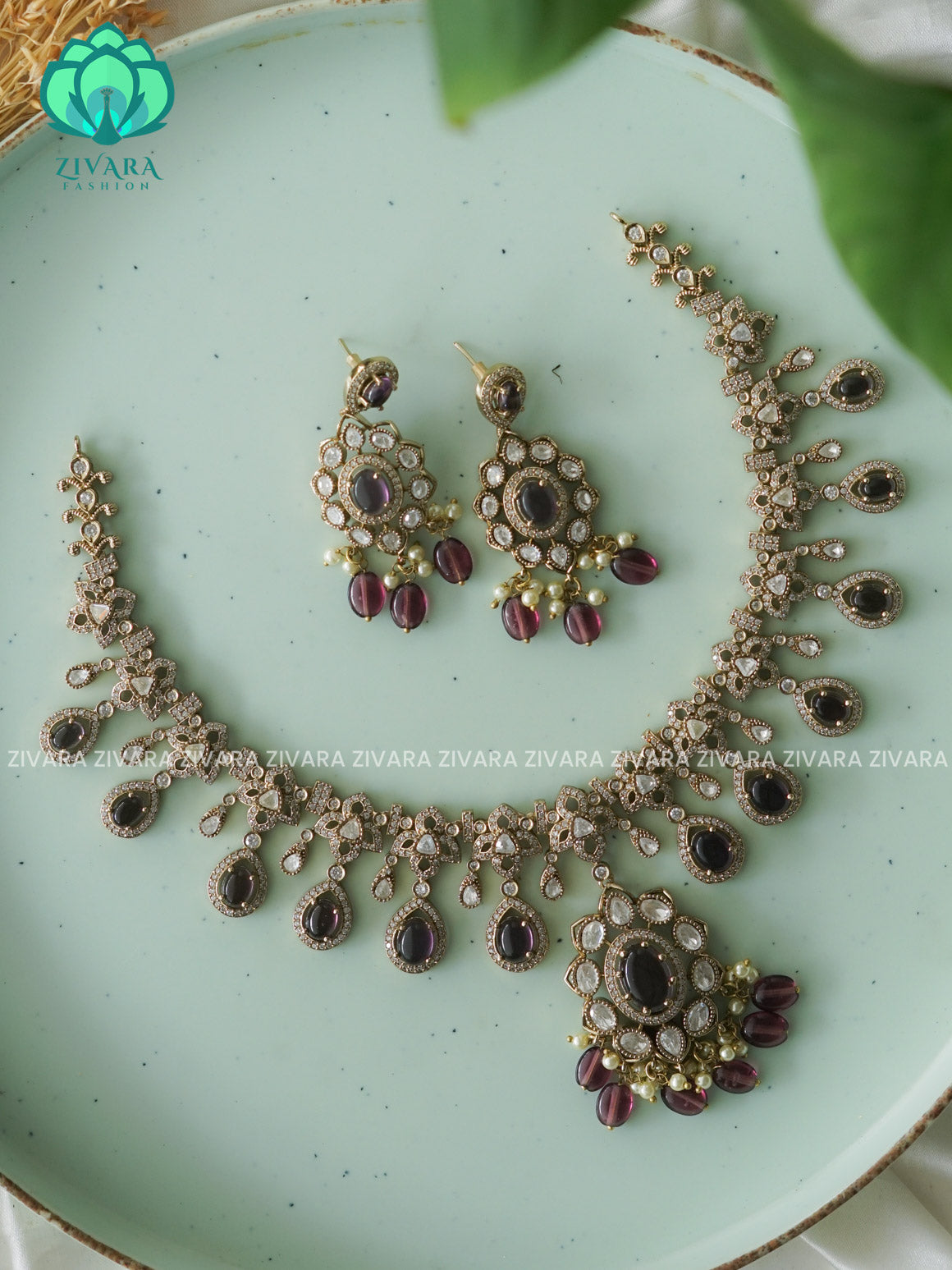 PURPLE - KUNDAN BRIDAL stylish and minimal elegant neckwear with earrings- Zivara Fashion