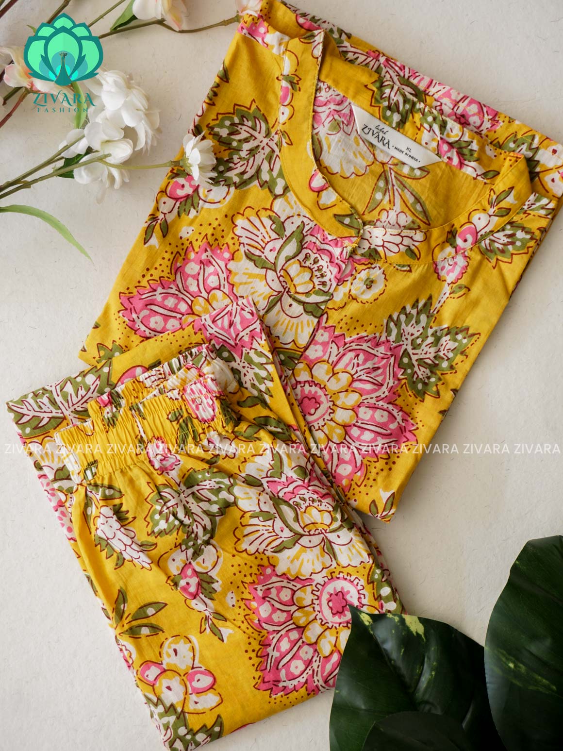Mahi- YELLOW FLORAL- Colourful cotton everyday wear and office wear coord sets for women- Label Zivara
