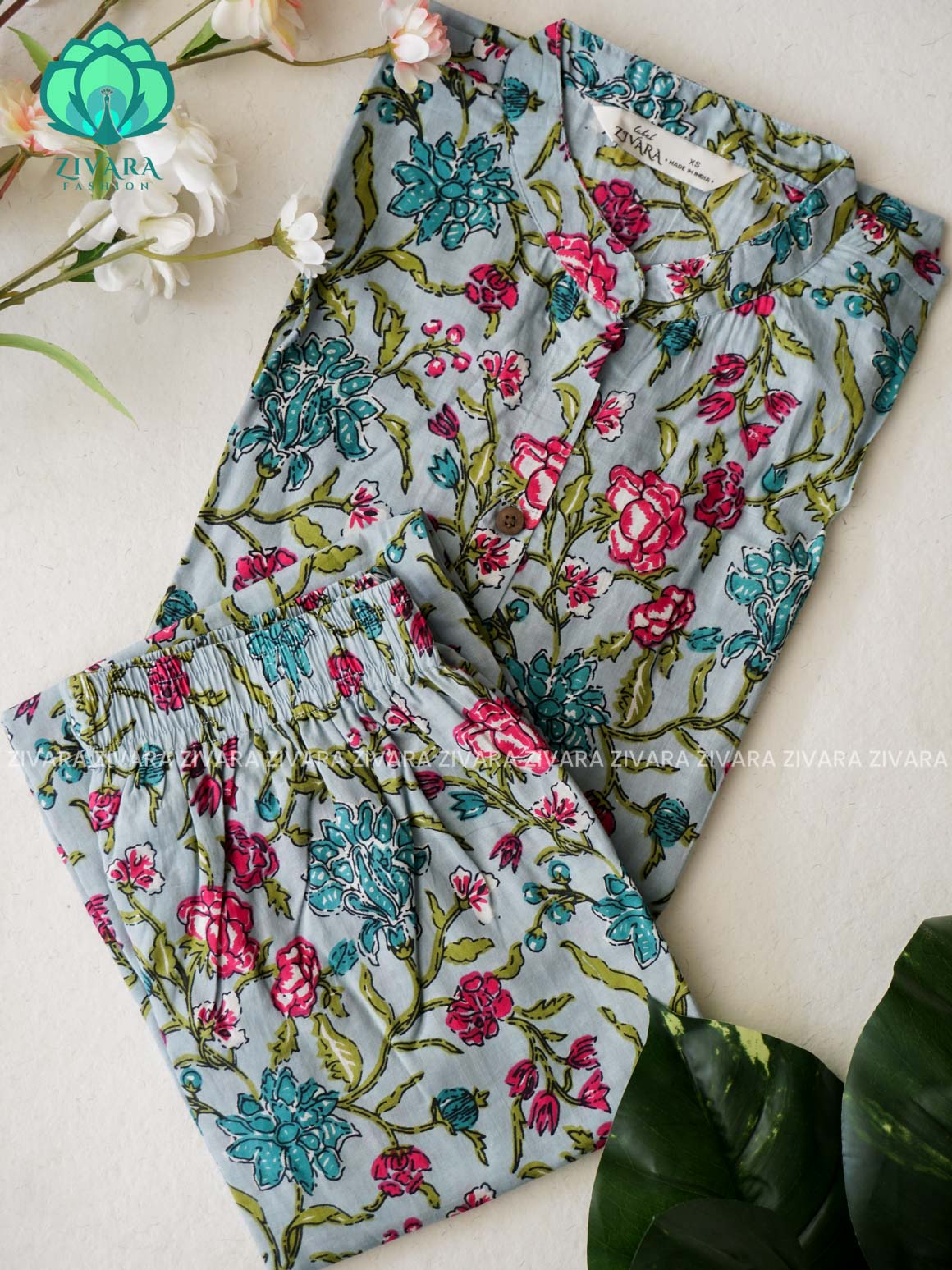 Mahi- Greyish blue floral- Colourful cotton everyday wear and office wear coord sets for women- Label Zivara