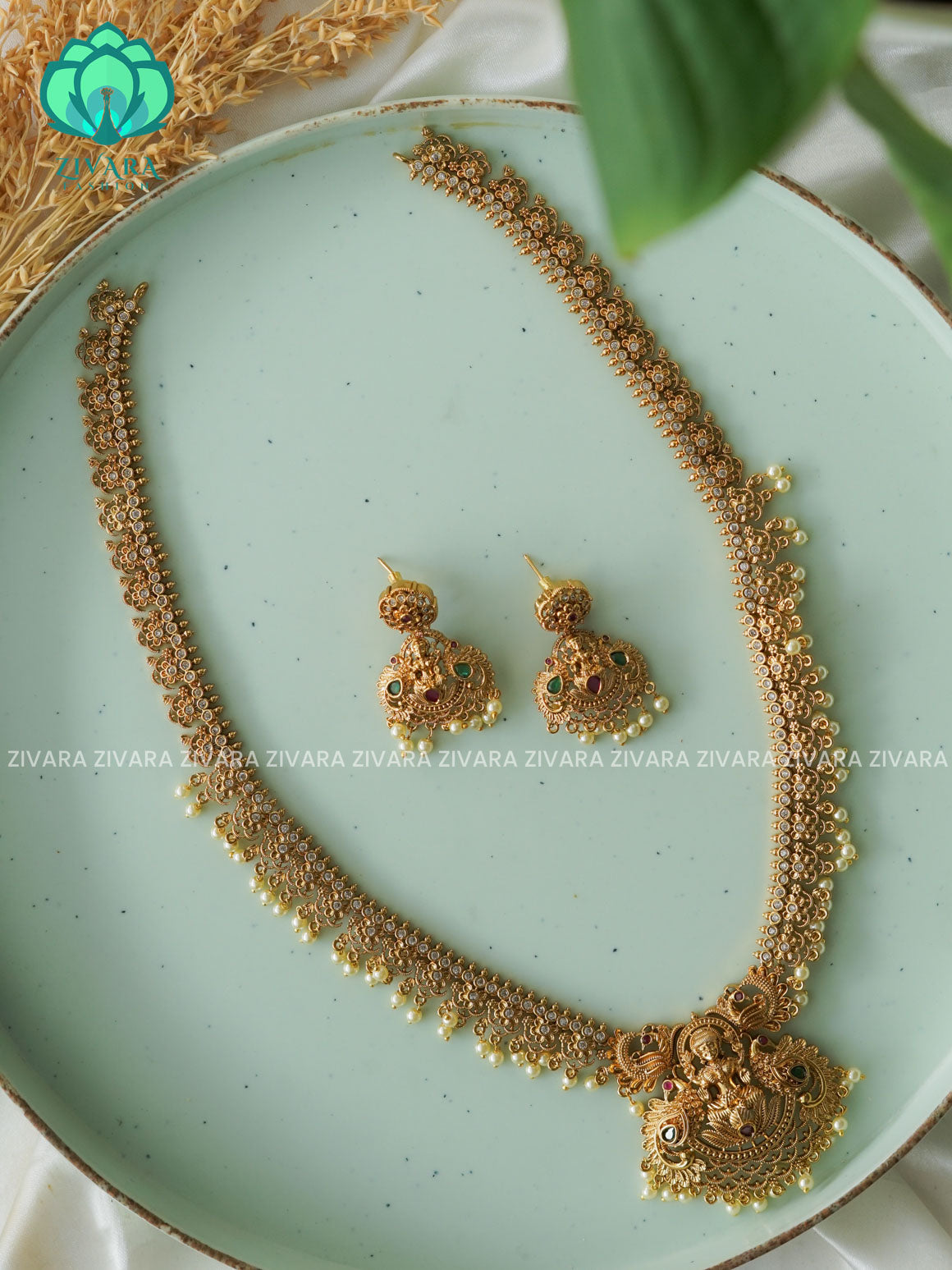 TEMPLE  - Traditional PREMIUM MATTE polish MIDCHEST haaram/neckwear with earrings- Zivara Fashion