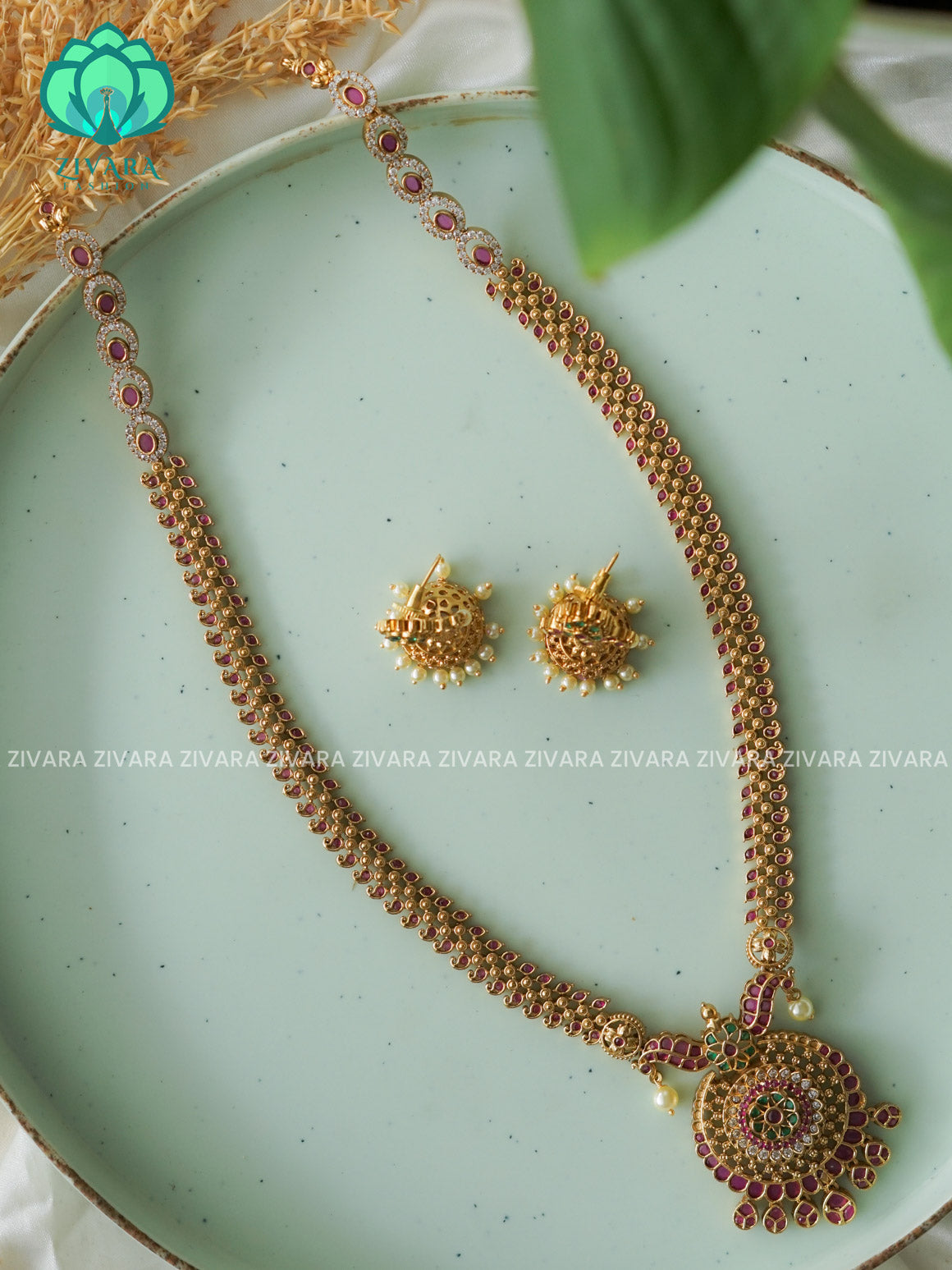 REAL KEMP - Traditional PREMIUM MATTE polish MIDCHEST haaram/neckwear with earrings- Zivara Fashion