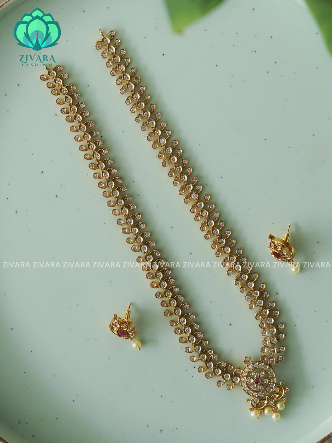 WHITE STONE ELEGANT   - Traditional PREMIUM MATTE polish MIDCHEST haaram/neckwear with earrings- Zivara Fashion