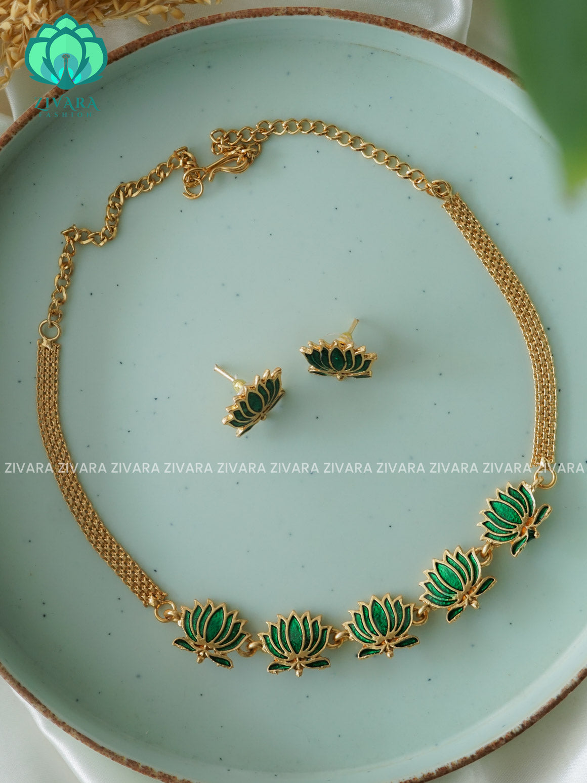 GREEN MANJU WARRIER- LOTUS ENAMEL NORMAL MATTE  choker with earrings-latest south indian jewellery