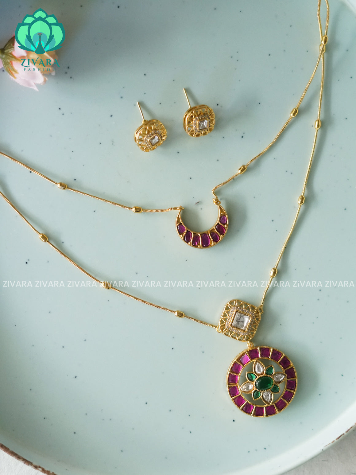 Ruby GREEN big pendant - Two step  -Traditional south indian premium neckwear without earrings- Zivara Fashion- latest jewellery design