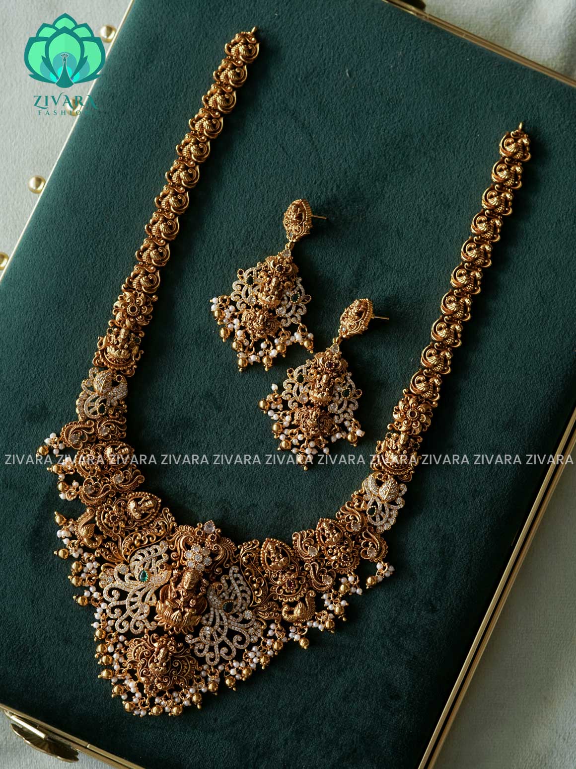 GRAND TEMPLE BRIDAL - Traditional PREMIUM MATTE polish MIDCHEST haaram/neckwear with earrings- Zivara Fashion