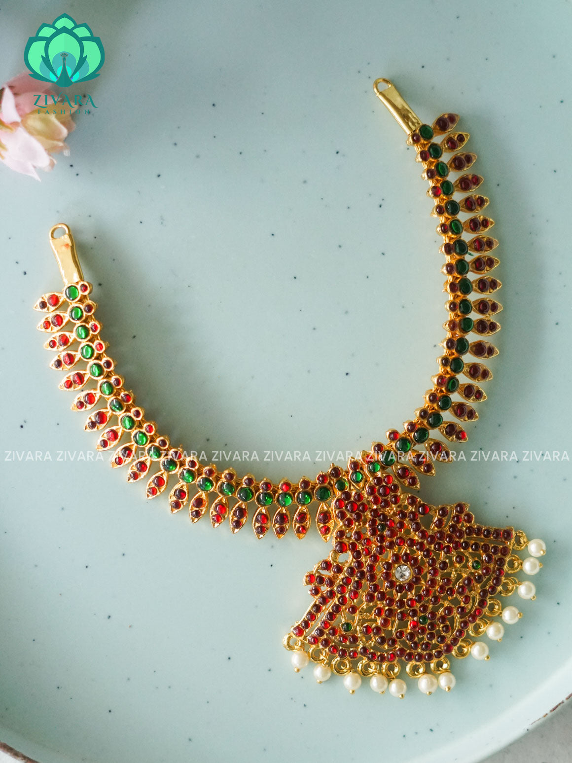 Red and Green- INDRA  - Simple kemp attigai neckwear - latest kemp dance jewellery collection