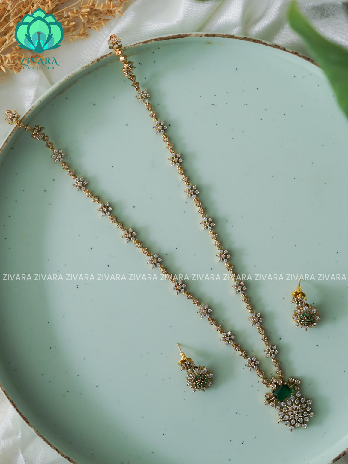 GREEN  STAR ELEGANT  - Traditional PREMIUM MATTE polish MIDCHEST haaram/neckwear with earrings- Zivara Fashion