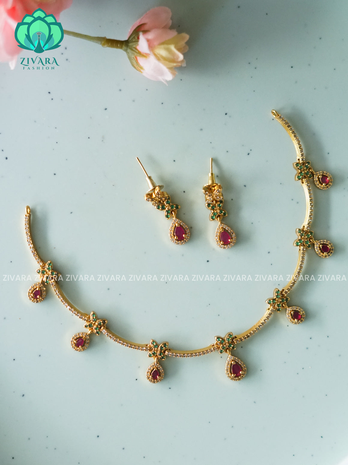 RUBY AND GREEN  -GLAMOUROUS - stylish and minimal elegant neckwear with earrings- Zivara Fashion