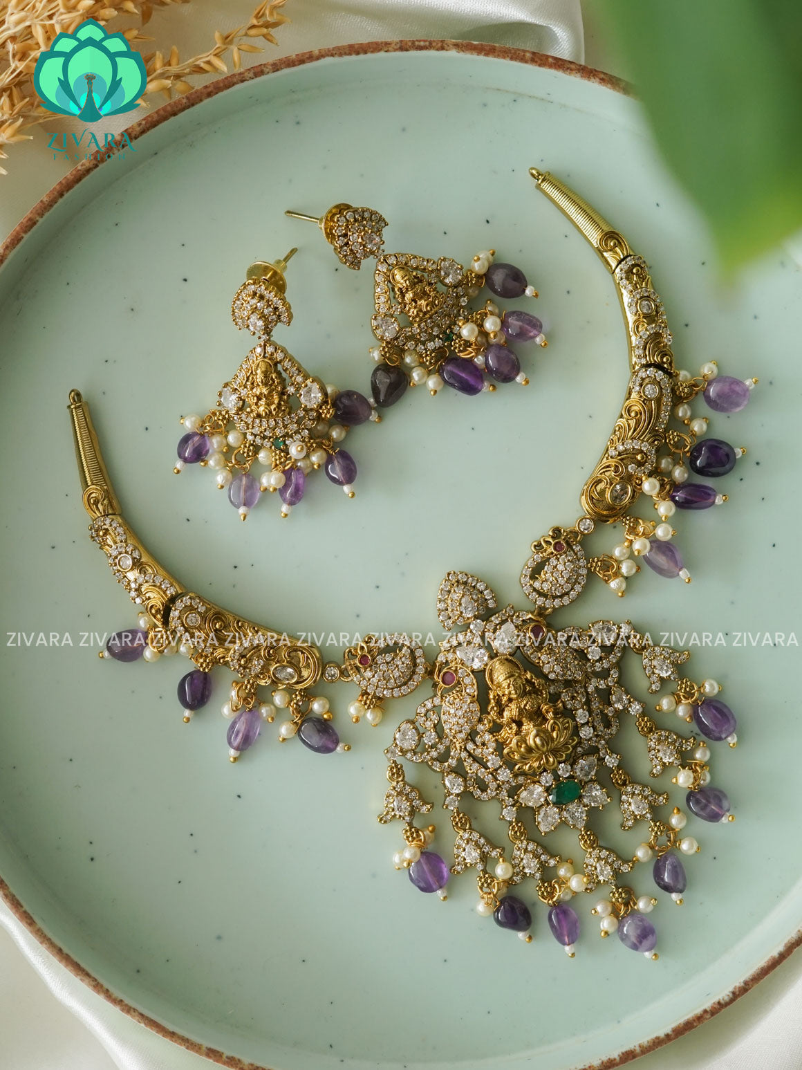 PURPLE  BEADS TEMPLE HASLI NECK WEAR WITh EARRINGS   - Premium quality CZ Matte collection-south indian jewellerY