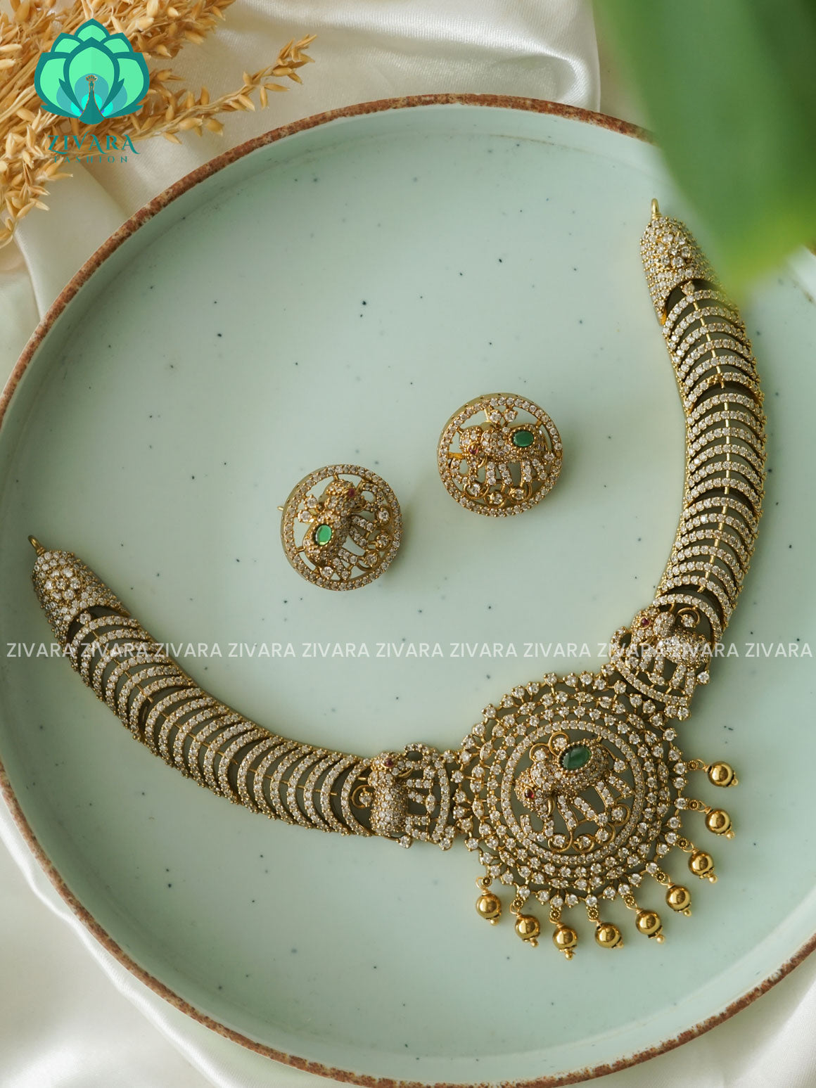 ELEPHANT WHITE STONE SUBTLE POLISH BRIDAL NECK WEAR WITh EARRINGS   - Premium quality CZ Matte collection-south indian jewellery